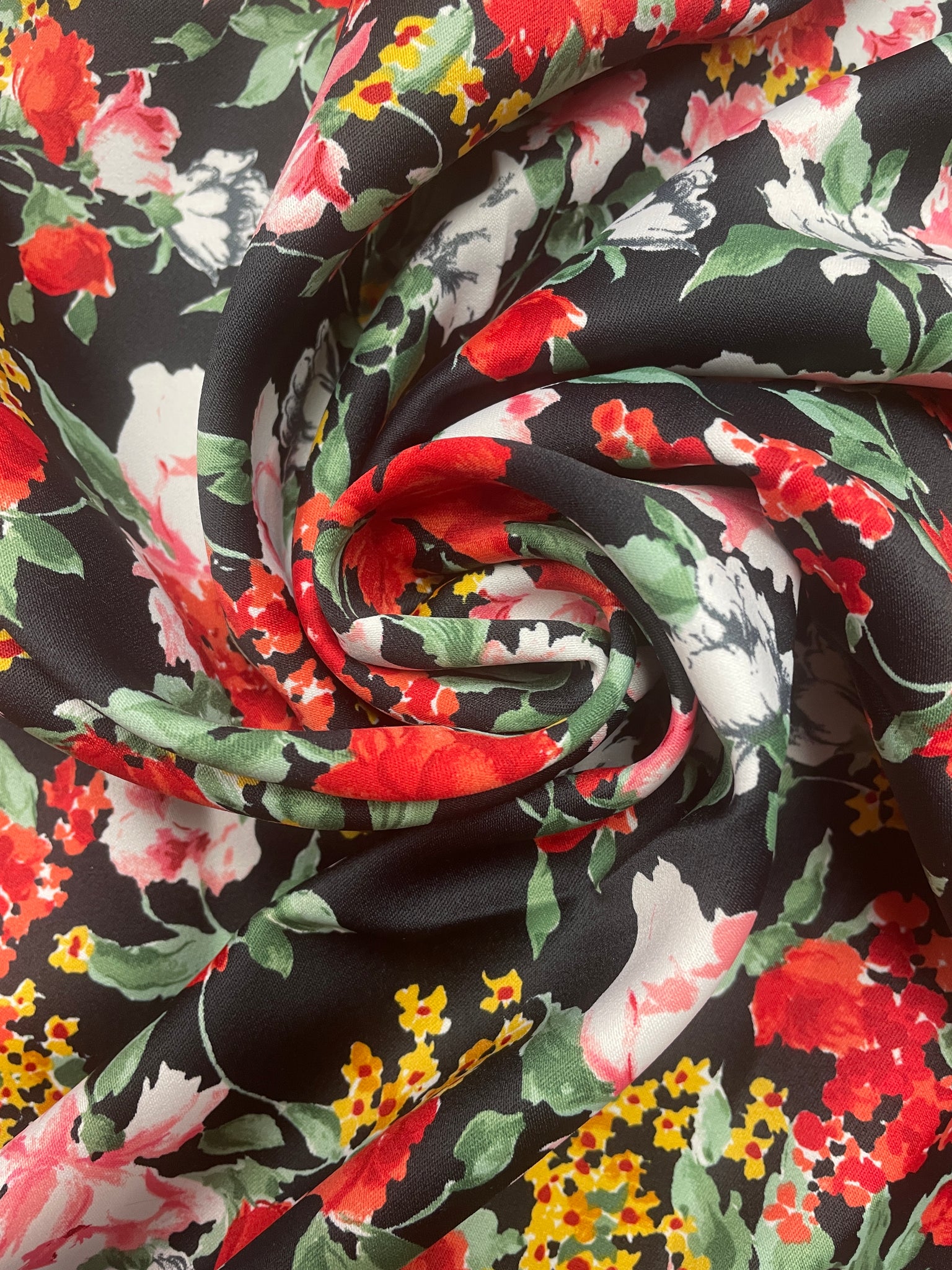 1 3/8 YD Polyester - Red, Pink, Yellow, and White Flowers on Black