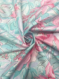 3 3/8 YD Cotton - Pink Tropical Flowers and Aqua Leaves