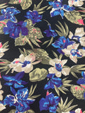 1 YD Rayon Vintage - Blue, White, and Pink Flowers with Olive Green Leaves on Black