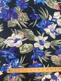 1 YD Rayon Vintage - Blue, White, and Pink Flowers with Olive Green Leaves on Black