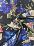 1 YD Rayon Vintage - Blue, White, and Pink Flowers with Olive Green Leaves on Black