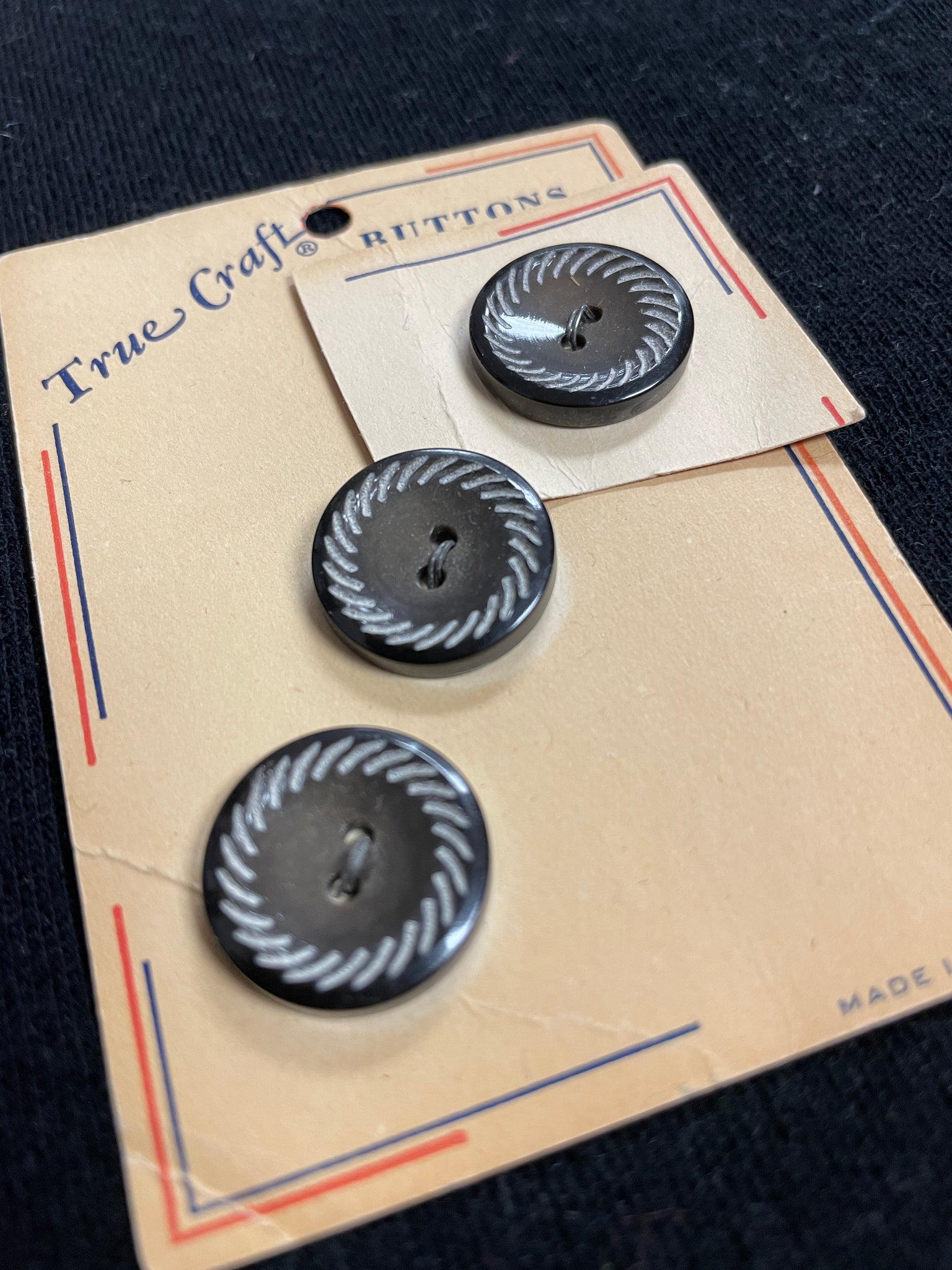 Button Plastic Set of 3 Vintage - Brown with White Etching