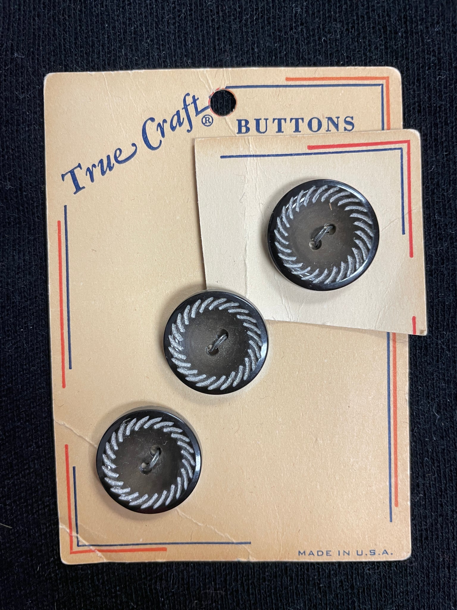 Button Plastic Set of 3 Vintage - Brown with White Etching