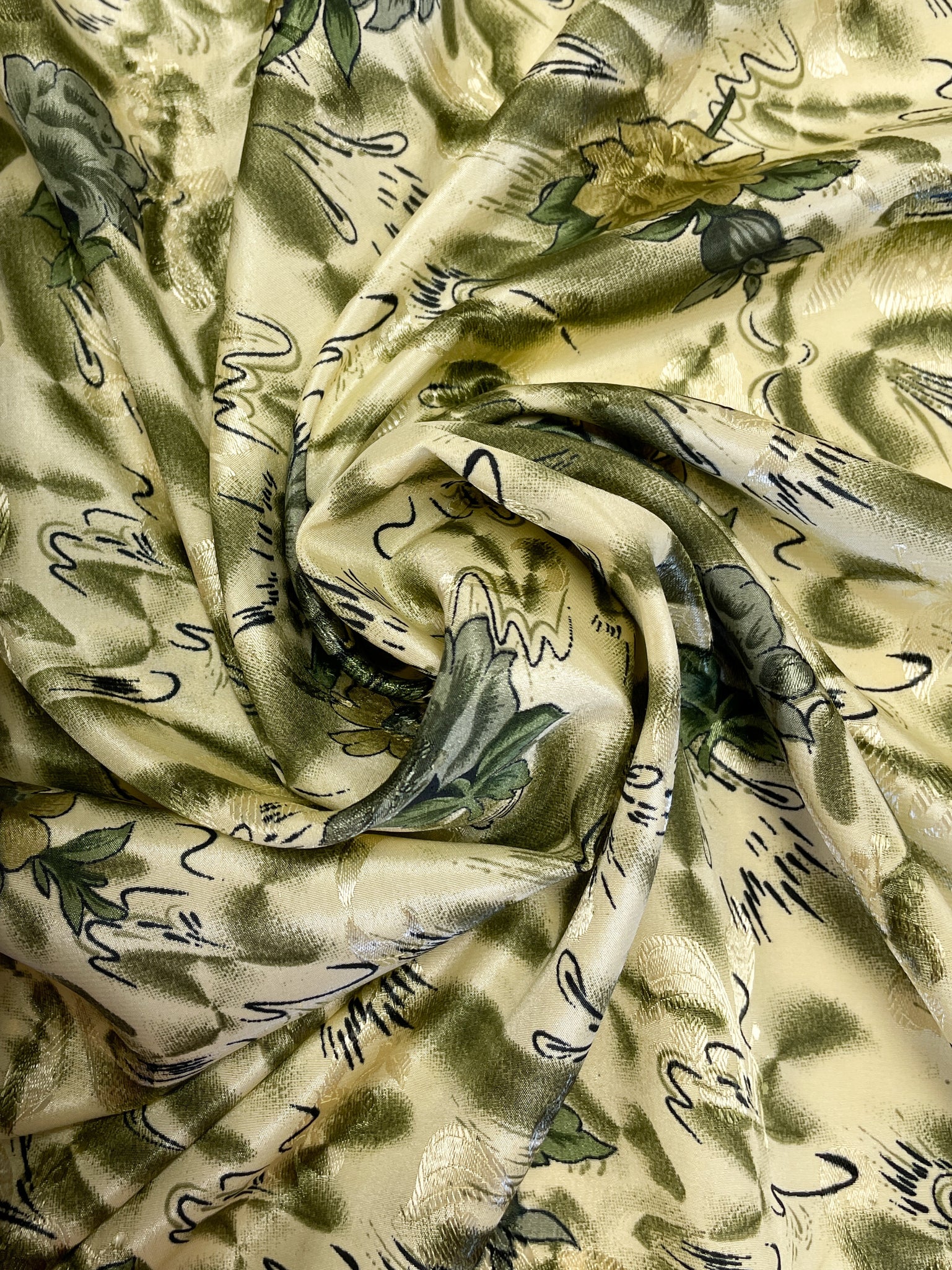 Polyester Floral Jacquard Vintage - Creamy Yellow with Olive Green
