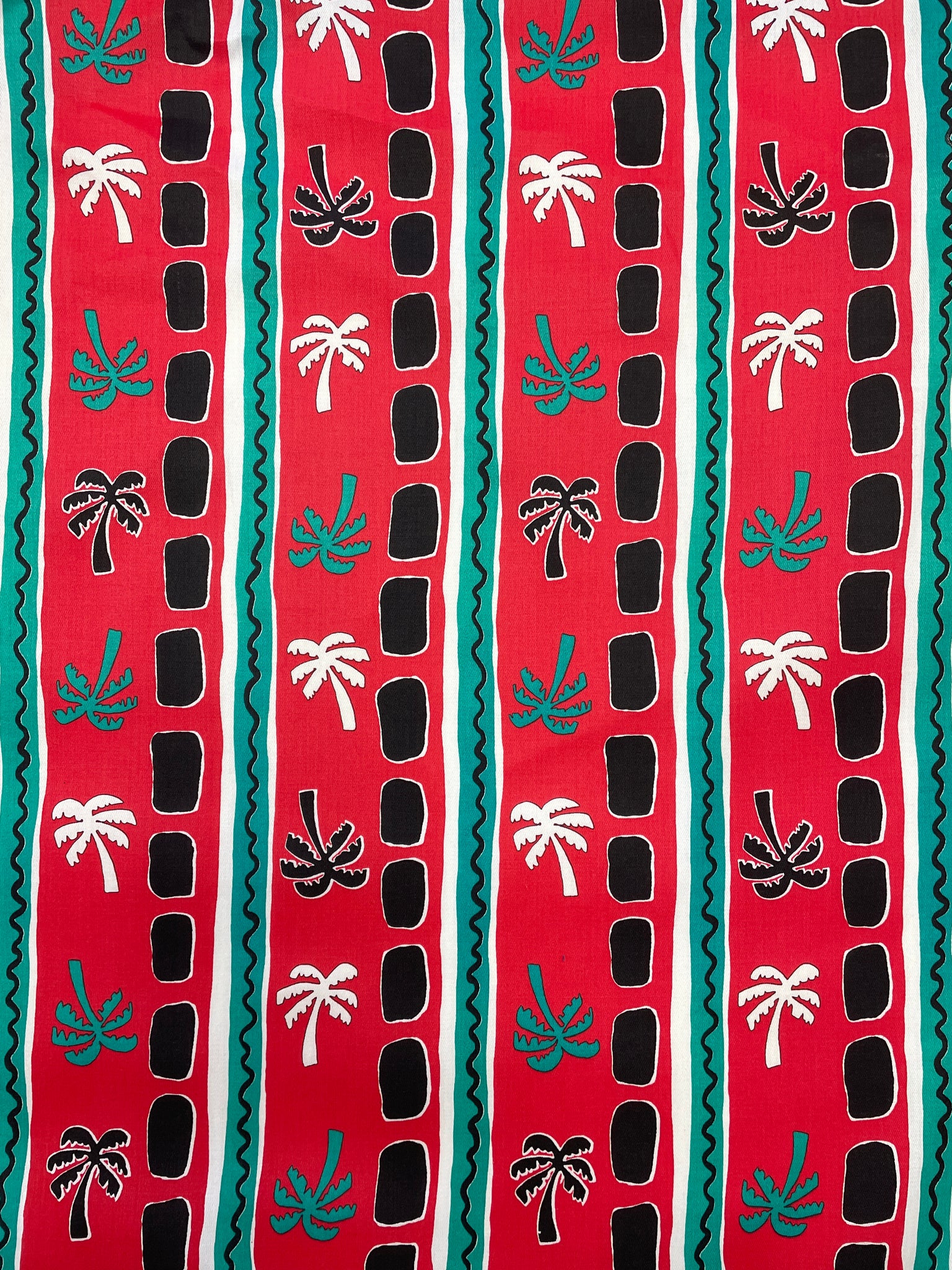 1 1/3 YD Poly/Cotton Twill Vintage - Red with Teal and White Palm Trees and Stripes