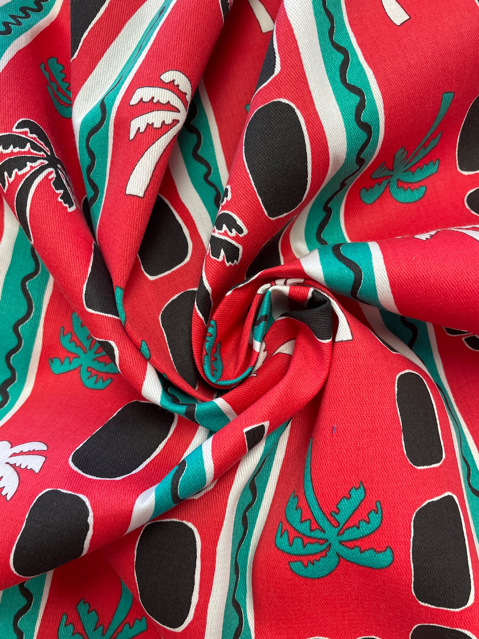 1 1/3 YD Poly/Cotton Twill Vintage - Red with Teal and White Palm Trees and Stripes