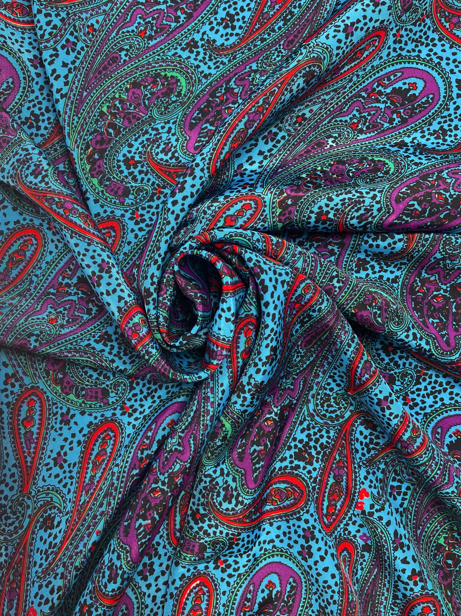 4 YD Polyester Vintage - Purple, Green, Red and Black Paisley on Turquoise