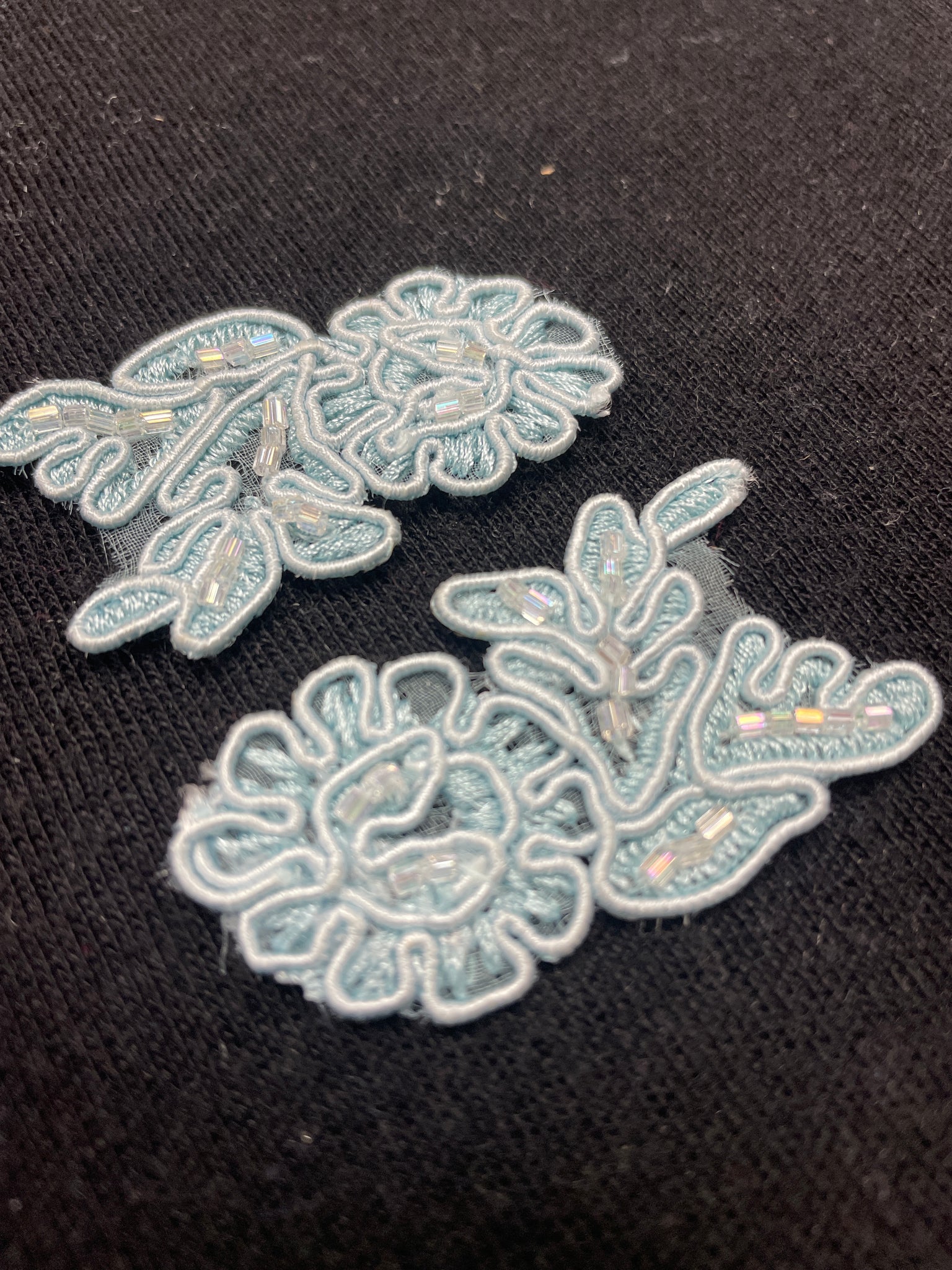 Beaded Floral Lace Appliques Set of 2 - Light Blue with Iridescent Clear Beads