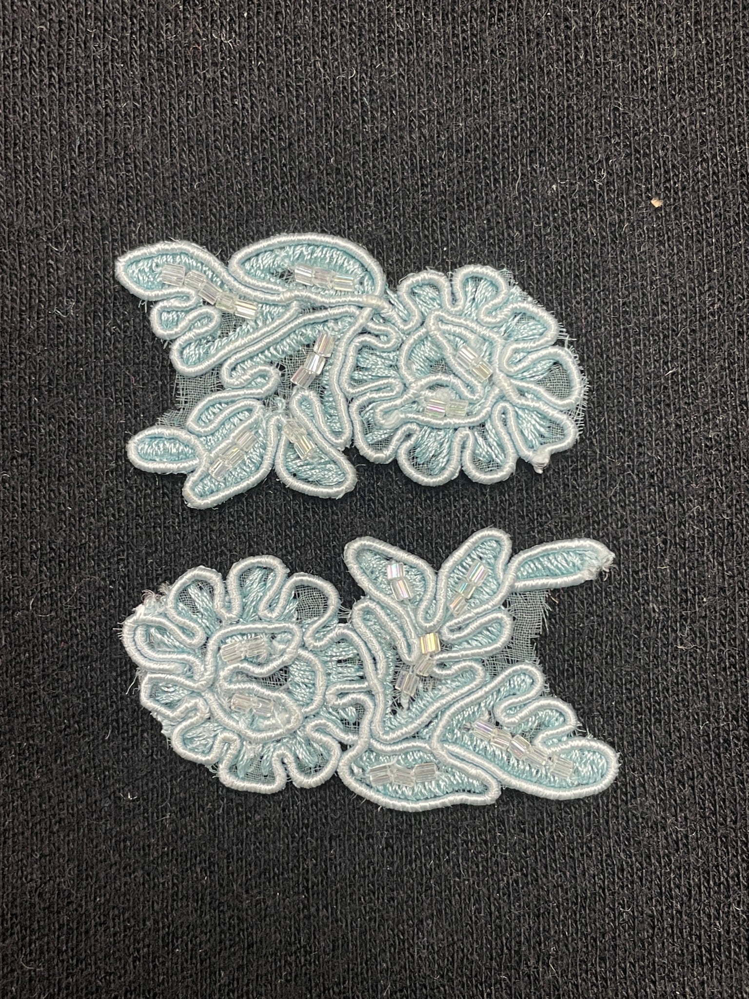 Beaded Floral Lace Appliques Set of 2 - Light Blue with Iridescent Clear Beads