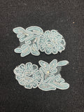 Beaded Floral Lace Appliques Set of 2 - Light Blue with Iridescent Clear Beads