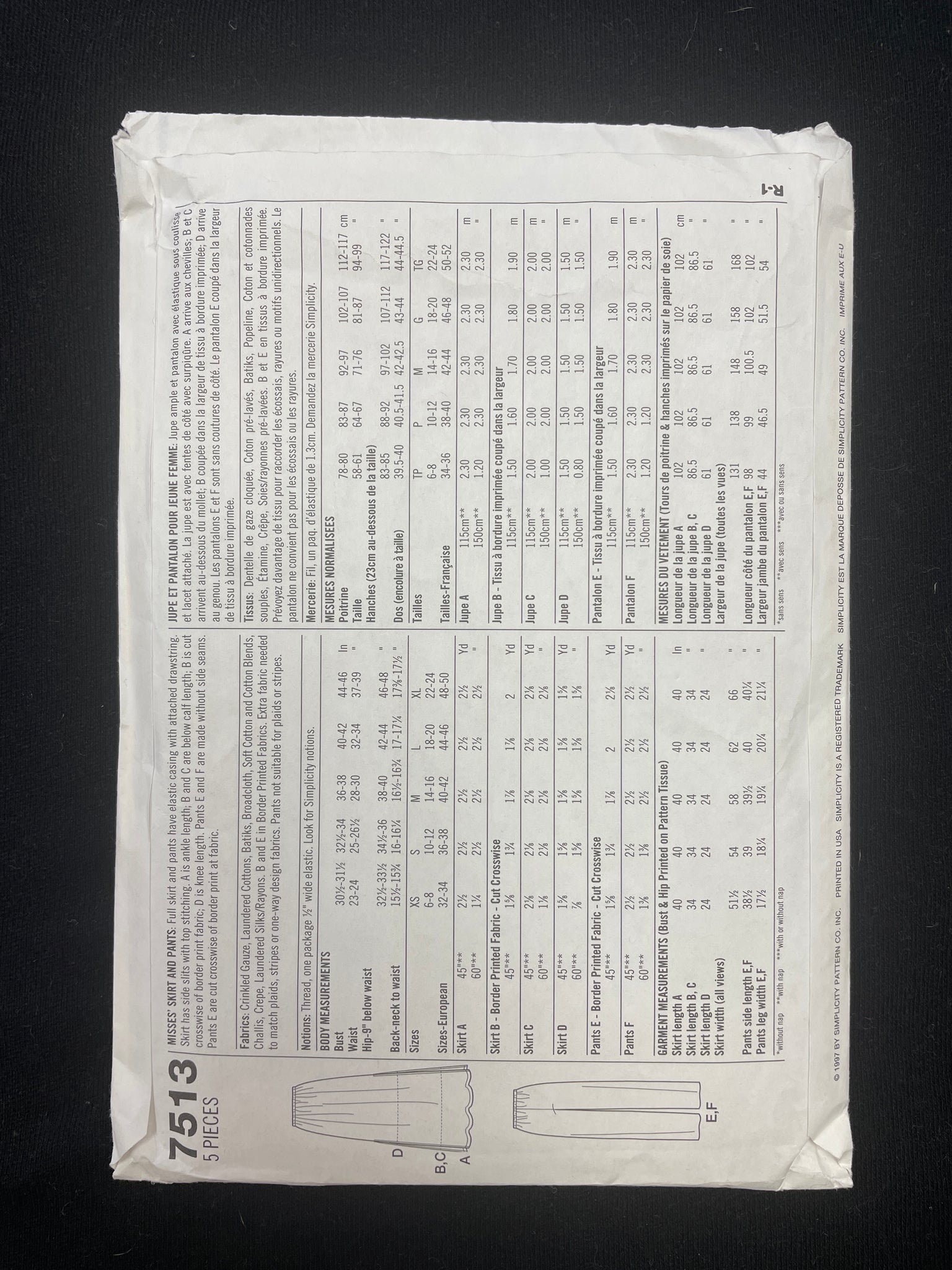 1997 Simplicity 7513 Sewing Pattern - Skirt's FACTORY FOLDED