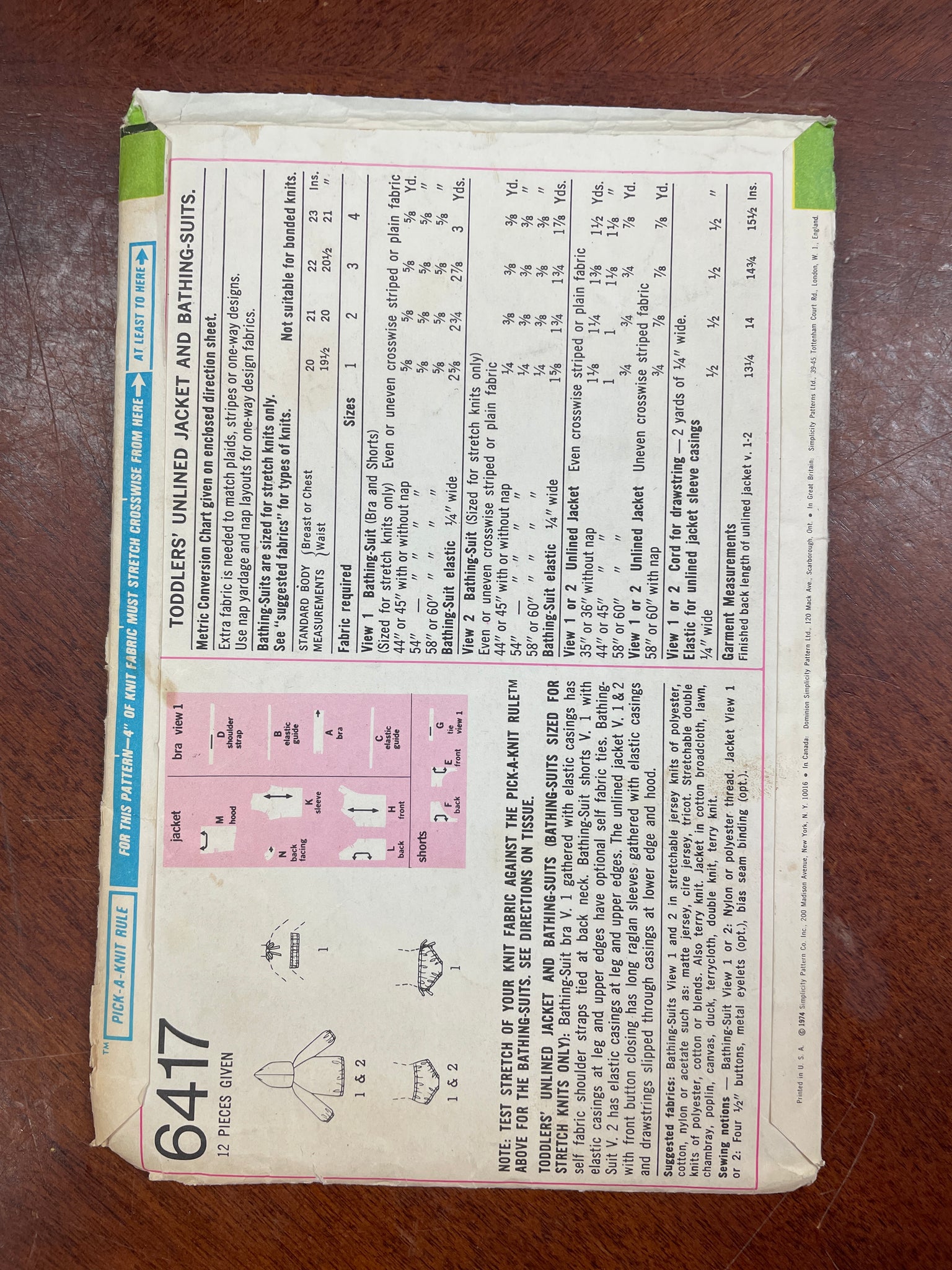 1974 Simplicity 6417 Pattern - Toddler Knit Swim Wear and Hoodie