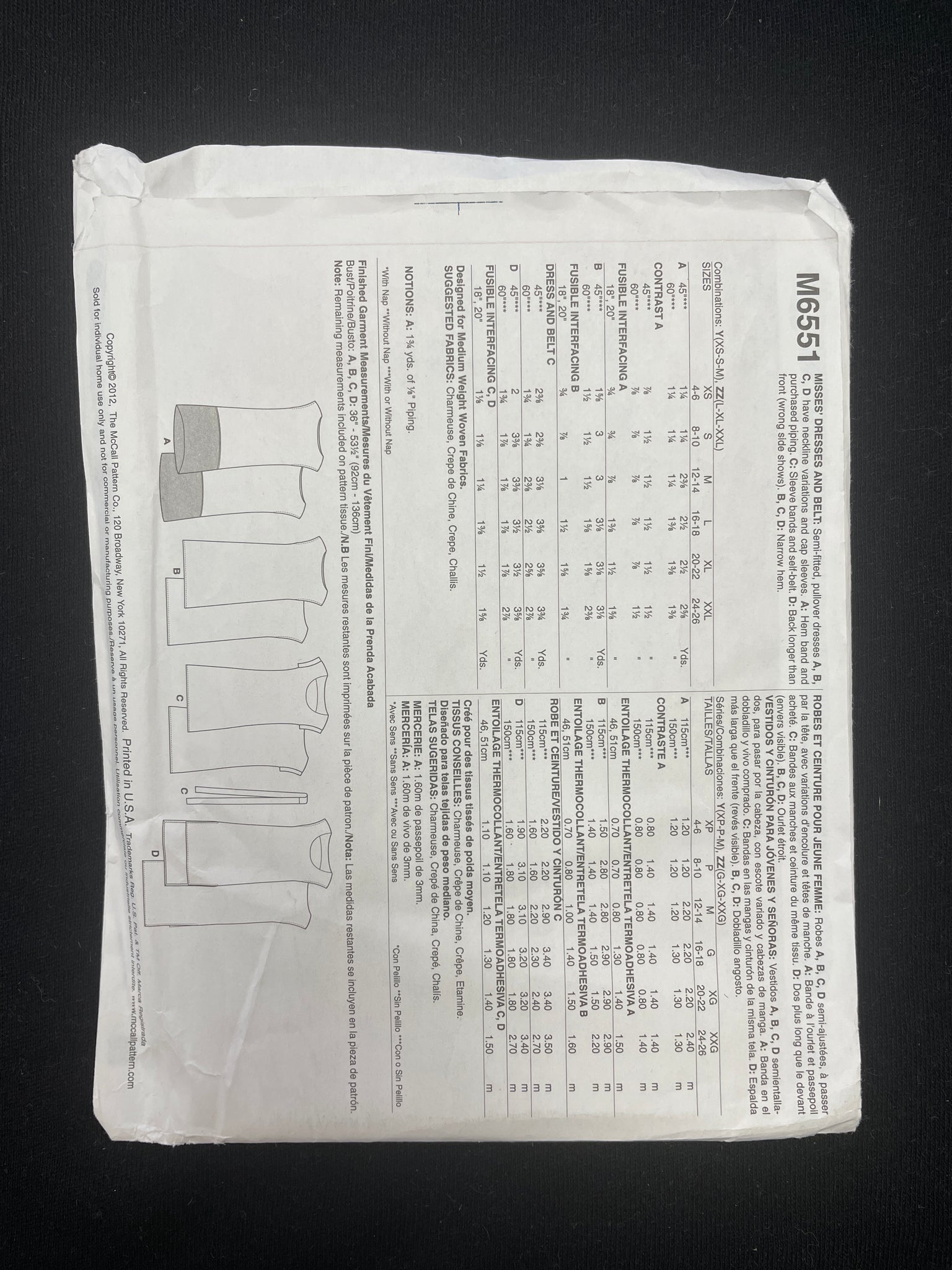 2012 McCall's 6551 Pattern - Dresses FACTORY FOLDED