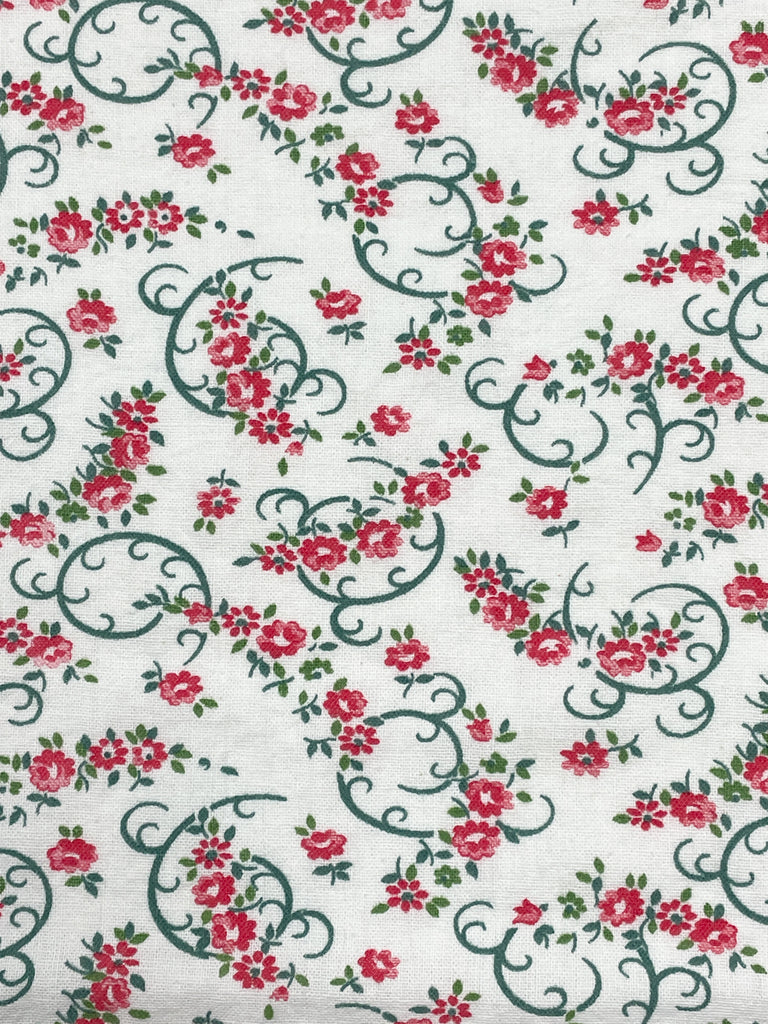 7/8 YD Cotton Remnant Vintage - White with Red Flowers