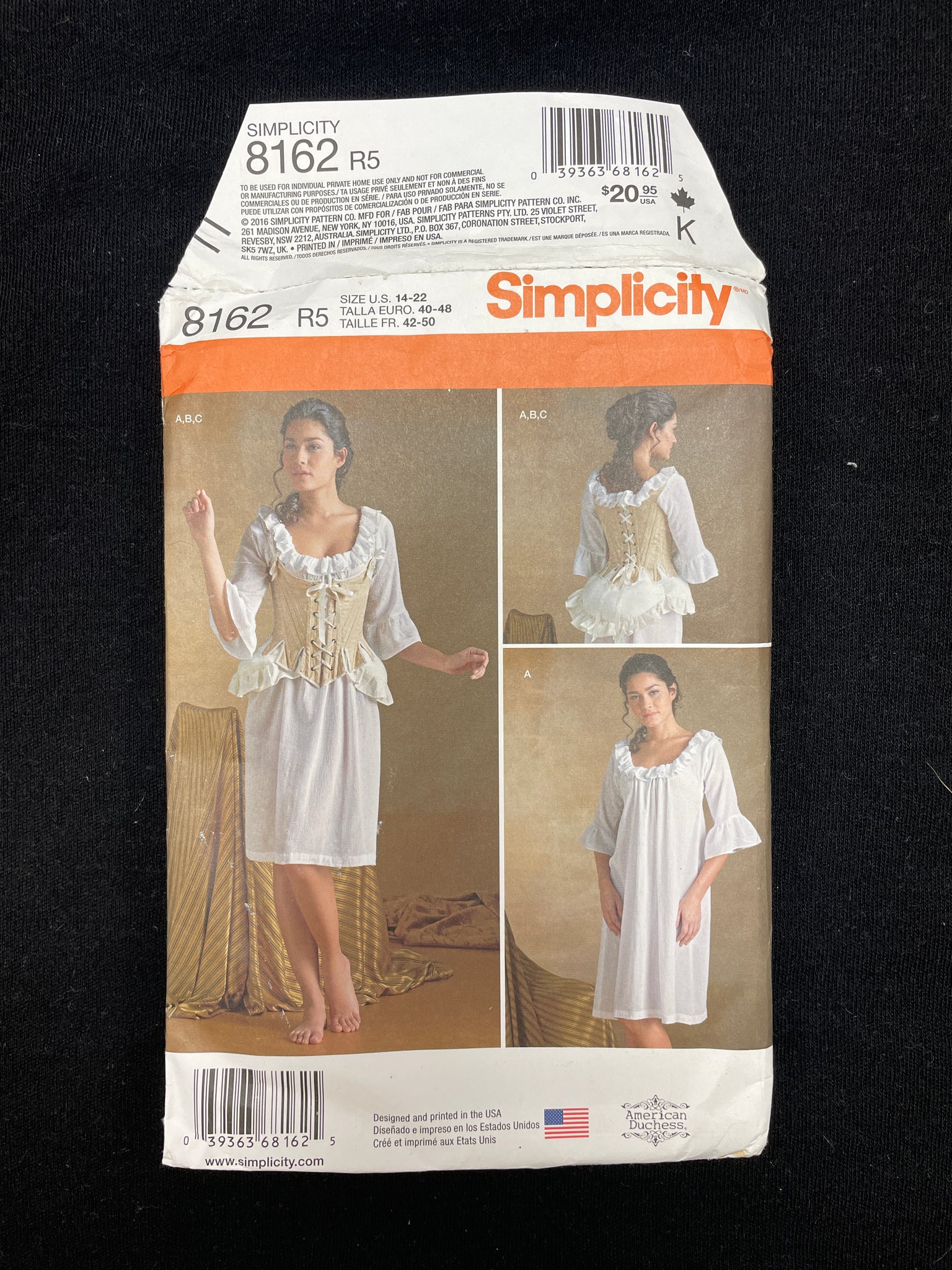 2016 Simplicity 8162 Sewing Pattern - 18thc. Corset, Chemise and Bum Pad FACTORY FOLDED