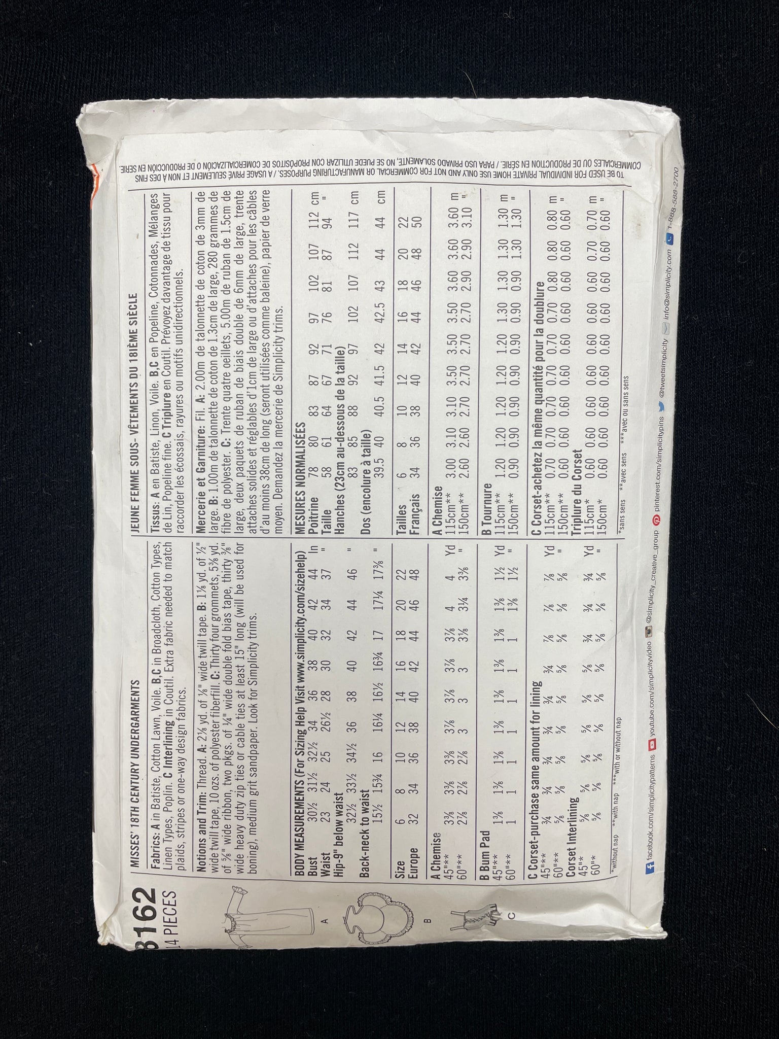 2016 Simplicity 8162 Sewing Pattern - 18thc. Corset, Chemise and Bum Pad FACTORY FOLDED