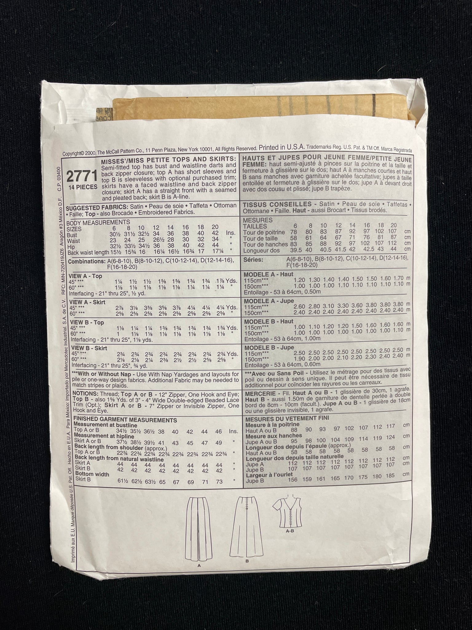 2000 McCall's 2771 Sewing Pattern - Bodices and Skirts