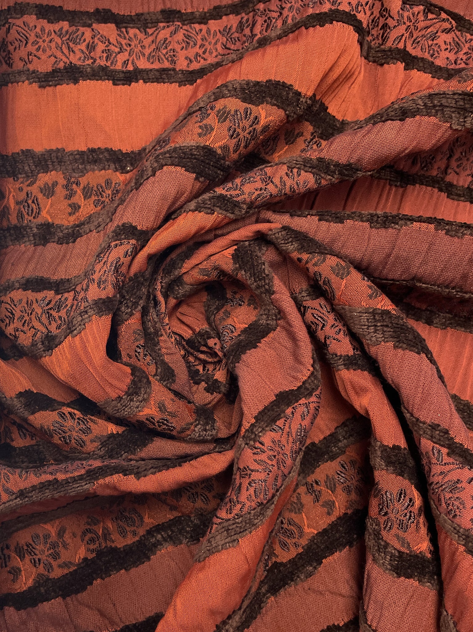 2 7/8 YD Rayon/Poly Ruched, Floral Brocade and Chenille Stripes Vintage - Burnt Oranges and Dark Brown