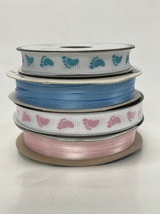 Polyester Grosgrain and Satin Ribbon Bundle - Baby Pink and Blue and Footprints