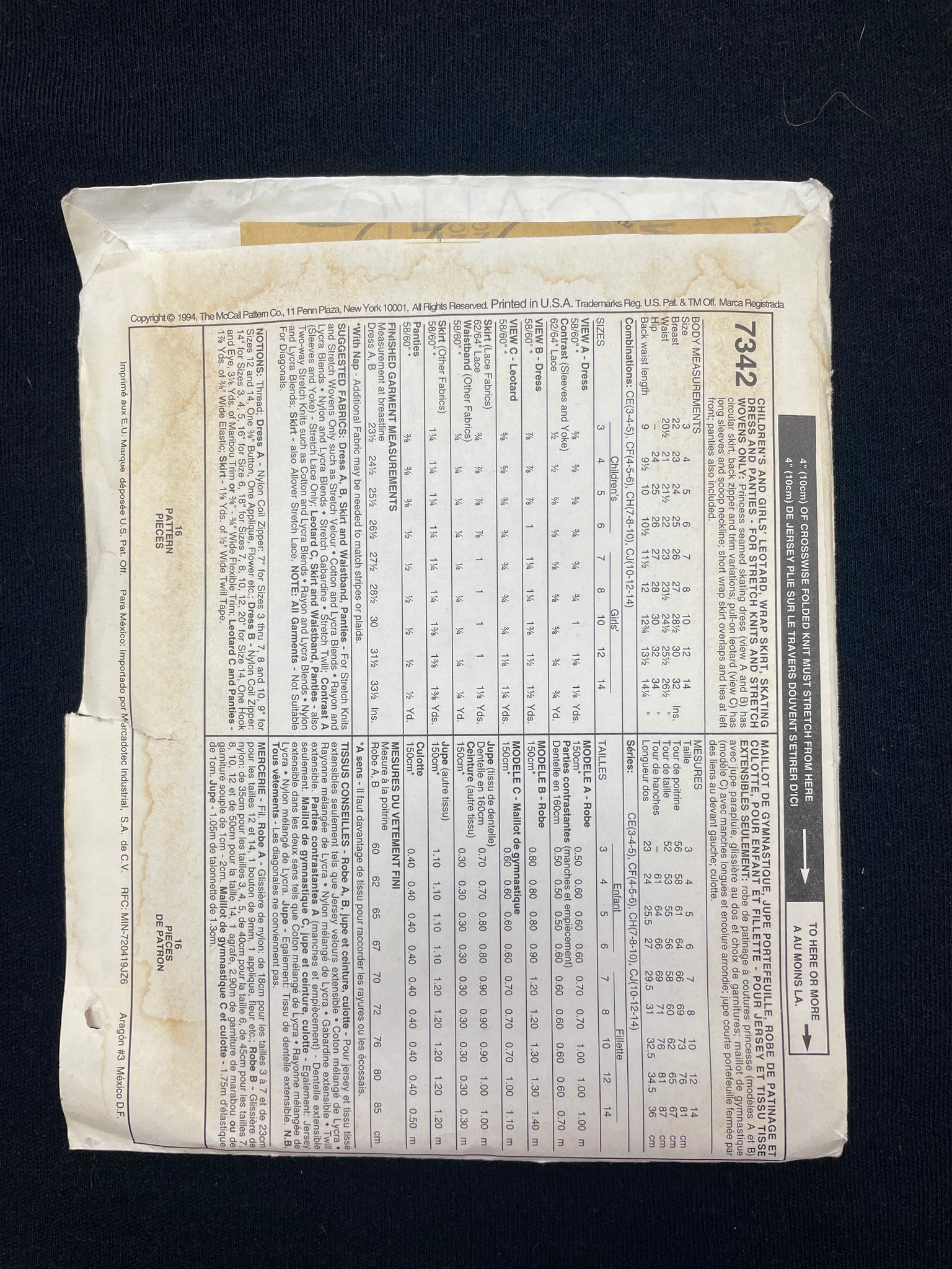 1994 McCall's 7342 Sewing Pattern - Child's Knit Ice Skate or Ballet Costumes FACTORY FOLDED