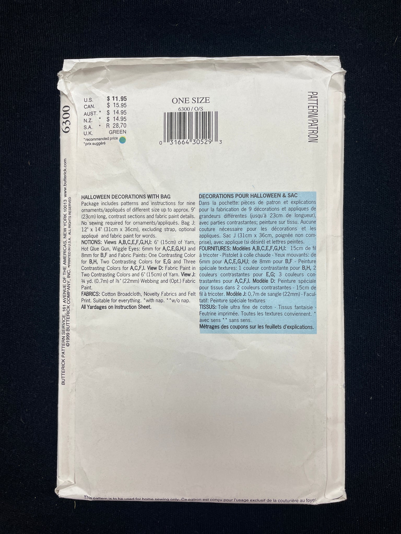 1999 Butterick 6300 Sewing Pattern - Halloween Decorations and Treat Bag FACTORY FOLDED