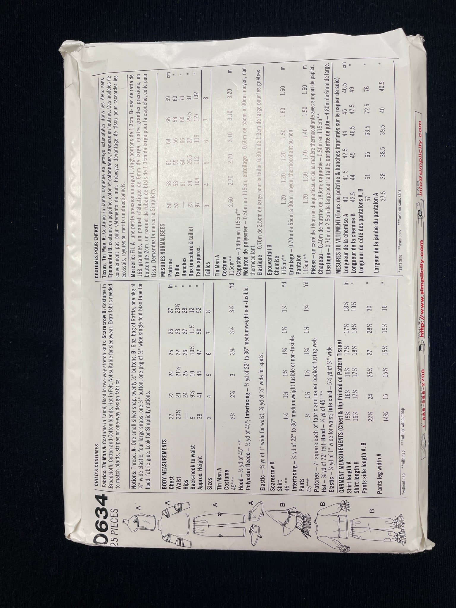 1997 Simplicity 0634 Pattern - Child's Wizard of Oz Tin Man and Scarecrow Costumes FACTORY FOLDED