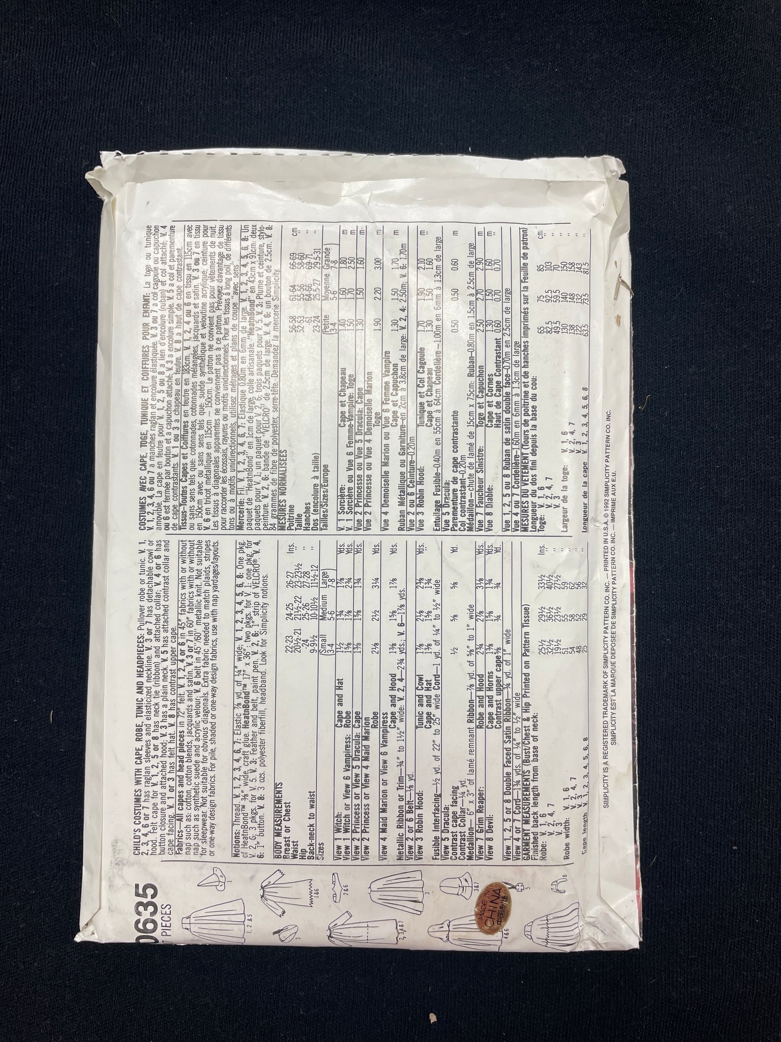 1992 Simplicity 0635 Pattern - Various Children's Costumes FACTORY FOLDED