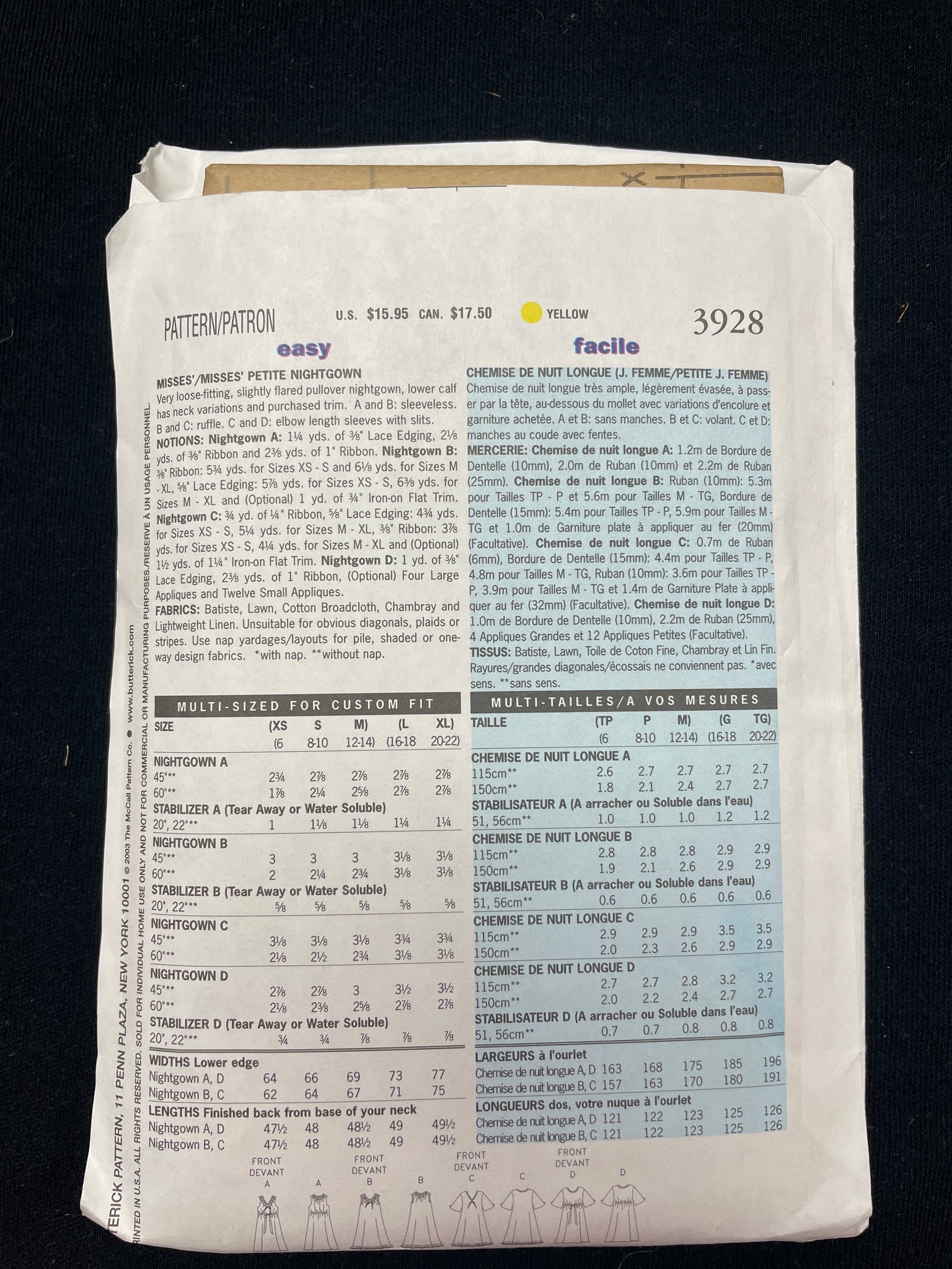 2003 Butterick 3928 Sewing Pattern - Adult Nightgowns FACTORY FOLDED