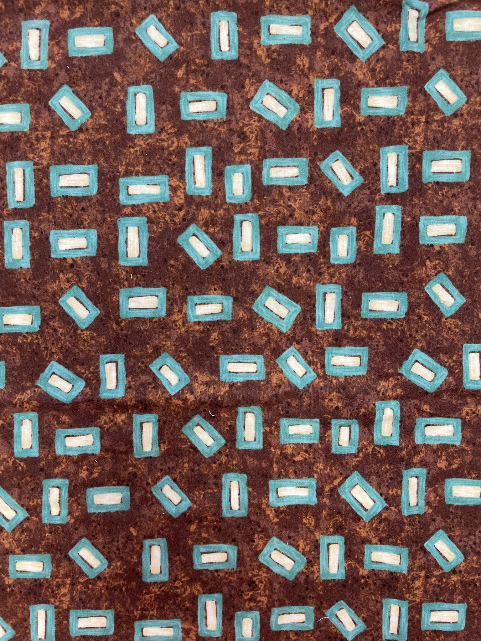 7/8 YD Cotton Flannel Remnant - Mottled Brown with Aqua Rectangle Rings with Off White Centers