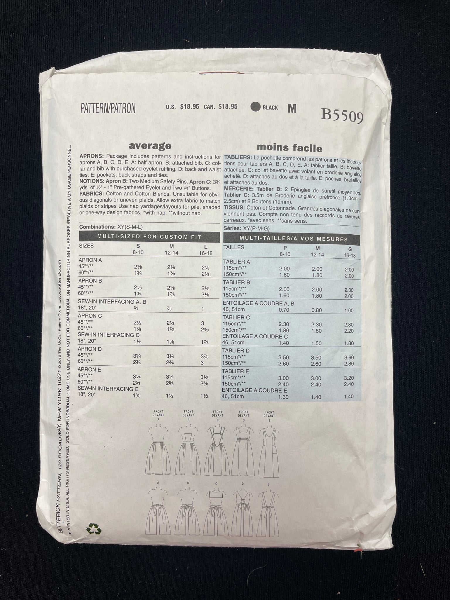 2010 Butterick 5509 Sewing Pattern - Adult Historical Aprons FACTORY FOLDED