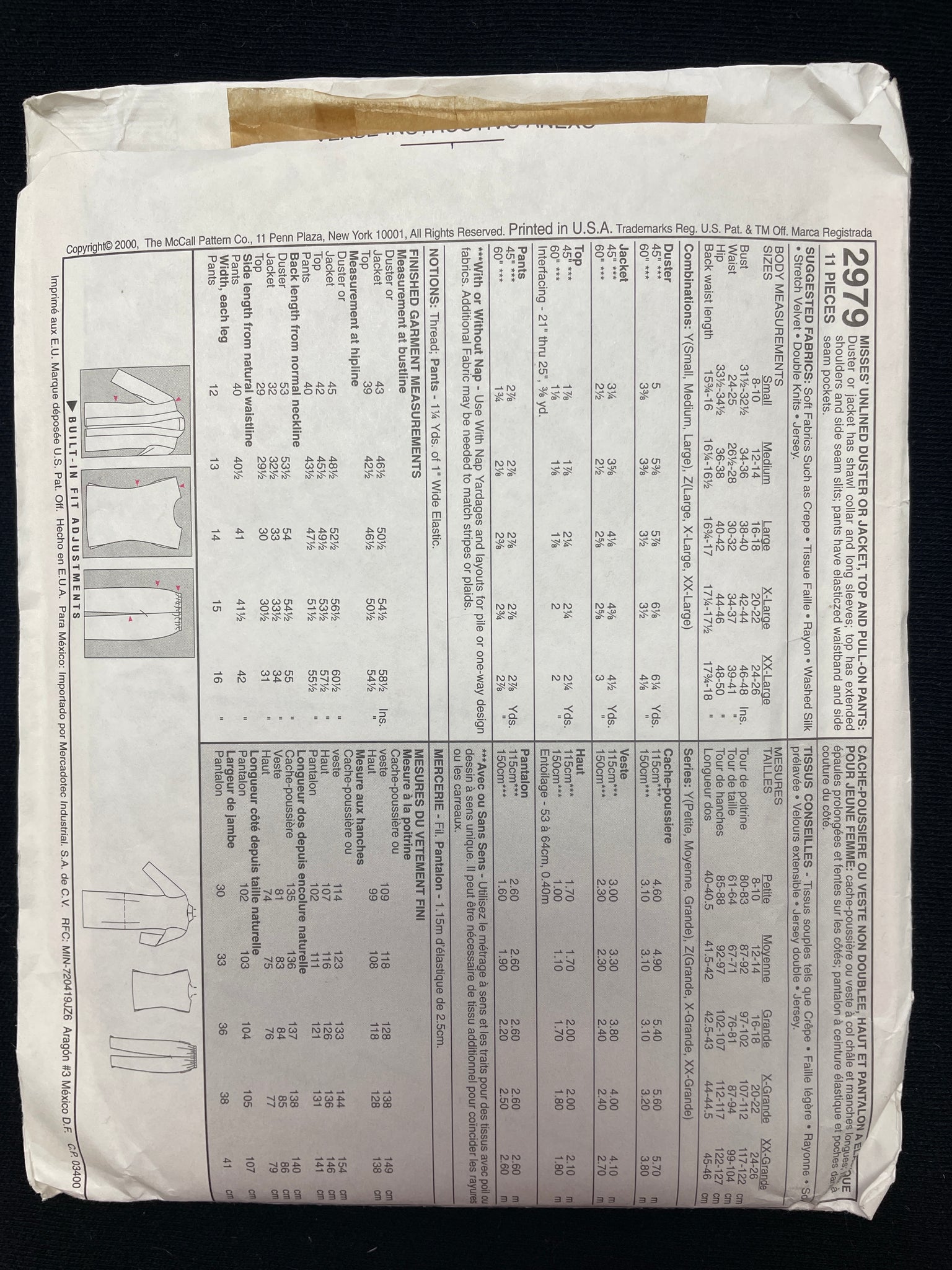 2000 McCall's 2979 Sewing Pattern - Adult Duster, Jacket, Top and Pants FACTORY FOLDED