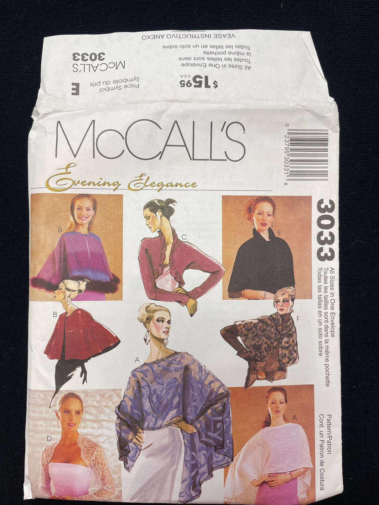 2000 McCall's 3033 Sewing Pattern - Adult Capes and Shrugs FACTORY FOLDED