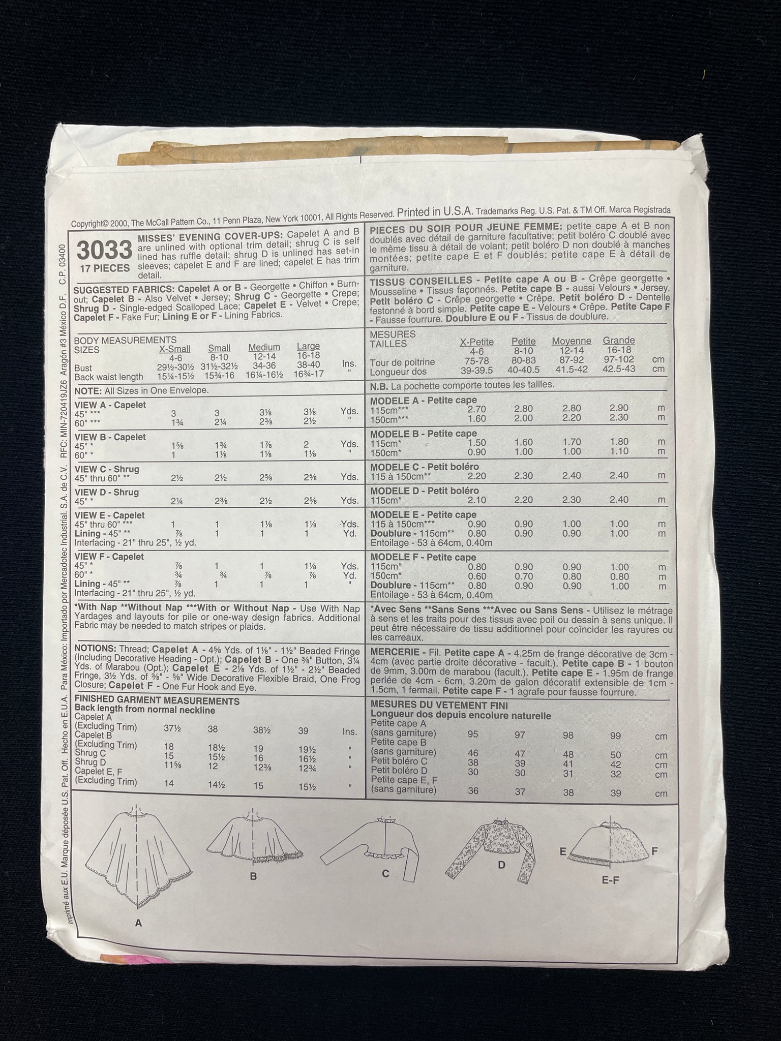 2000 McCall's 3033 Sewing Pattern - Adult Capes and Shrugs FACTORY FOLDED