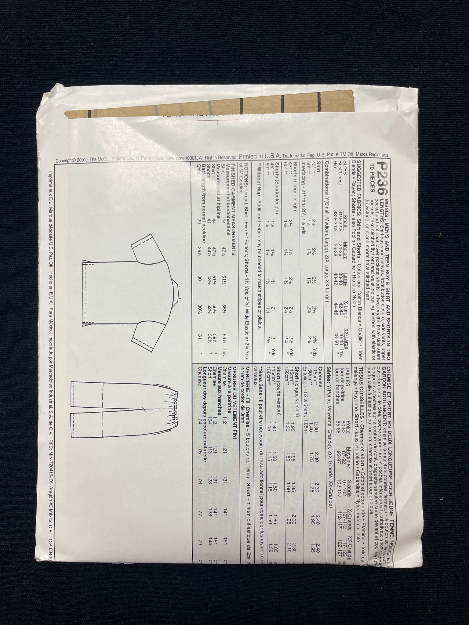 2001 McCall's 236 Sewing Pattern - Junior and Adult Camp Shirt, Pants and Shorts FACTORY FOLDED