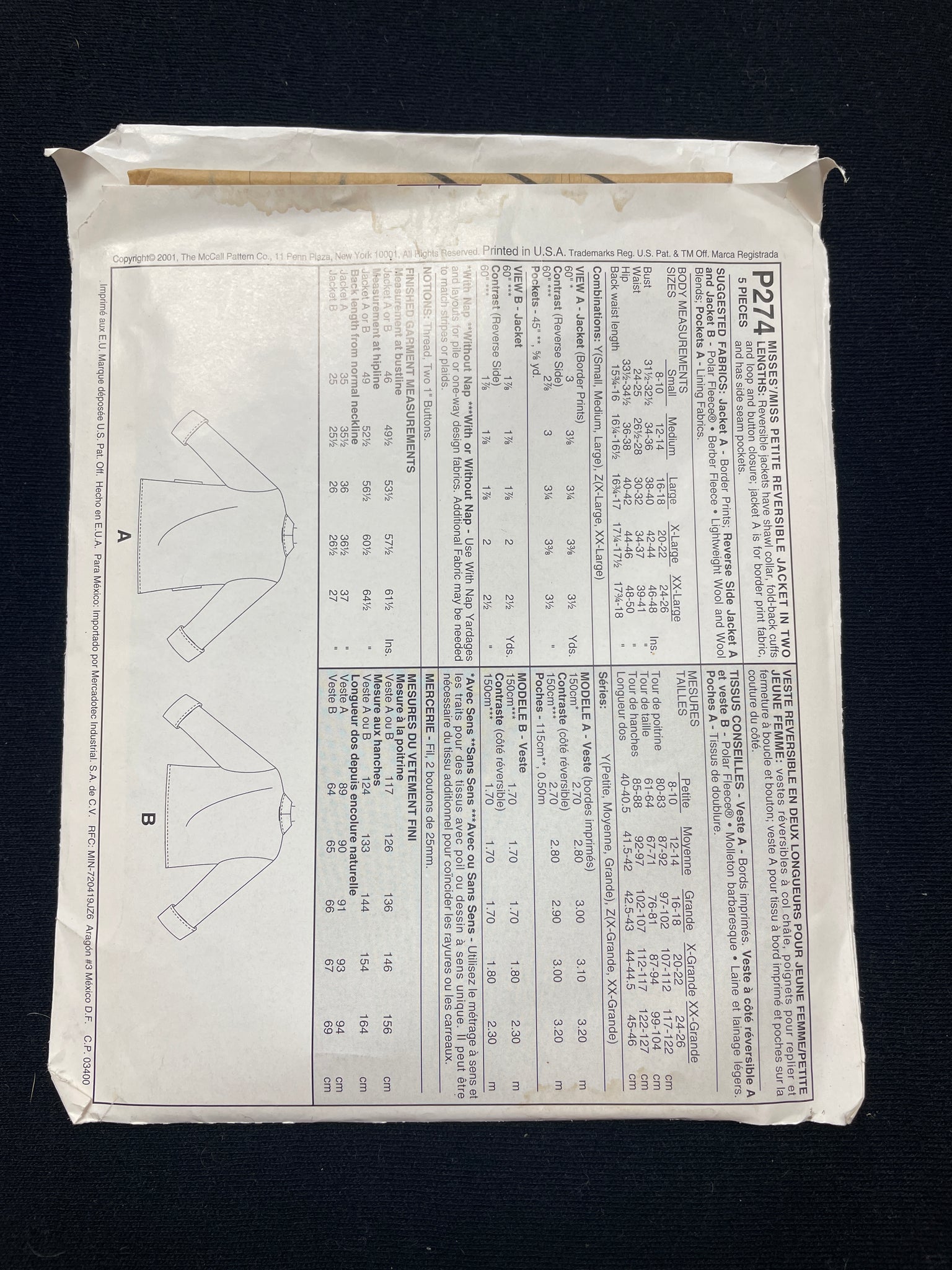 2001 McCall's 9820 Sewing Pattern - Adult Fleece Jackets FACTORY FOLDED