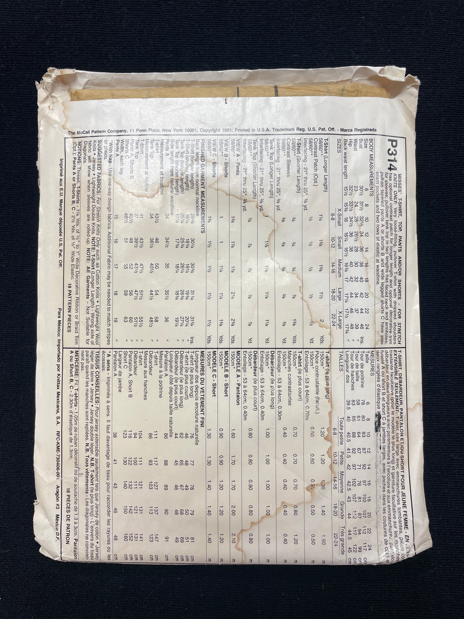 1991 McCall's 314 Sewing Pattern - Adult Knit Tops, Shorts and Pants FACTORY FOLDED