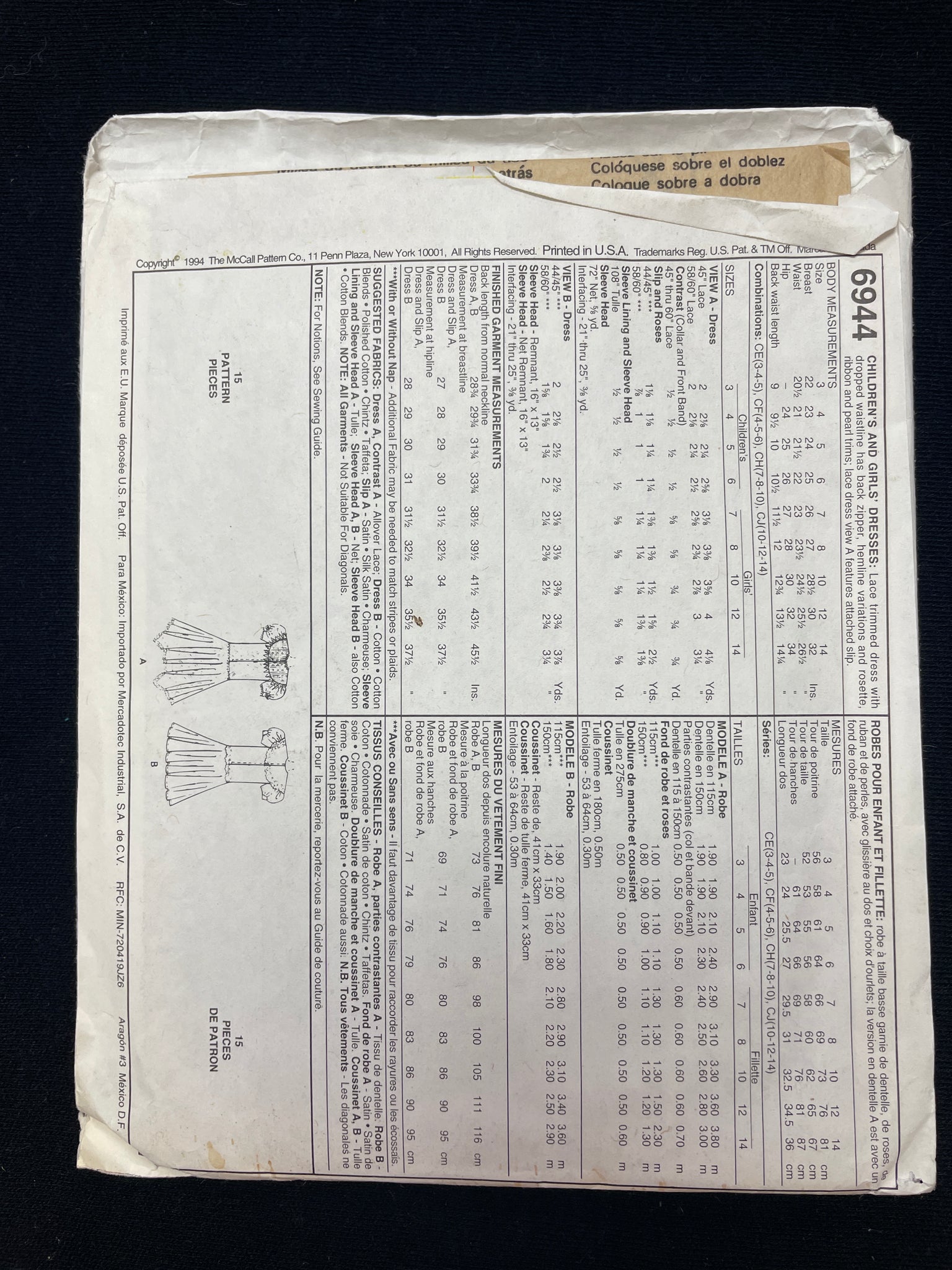 1994 McCall's 6944 Sewing Pattern - Child's Dress FACTORY FOLDED