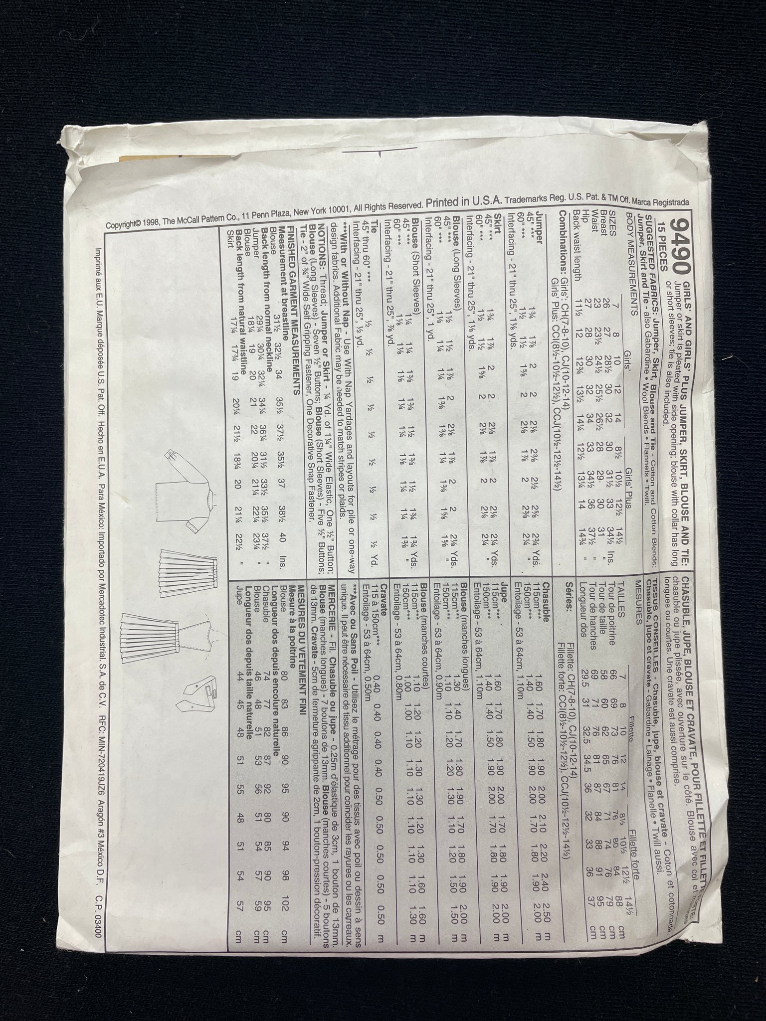 1998 McCall's 9490 Sewing Pattern - Child's School Uniform FACTORY FOLDED