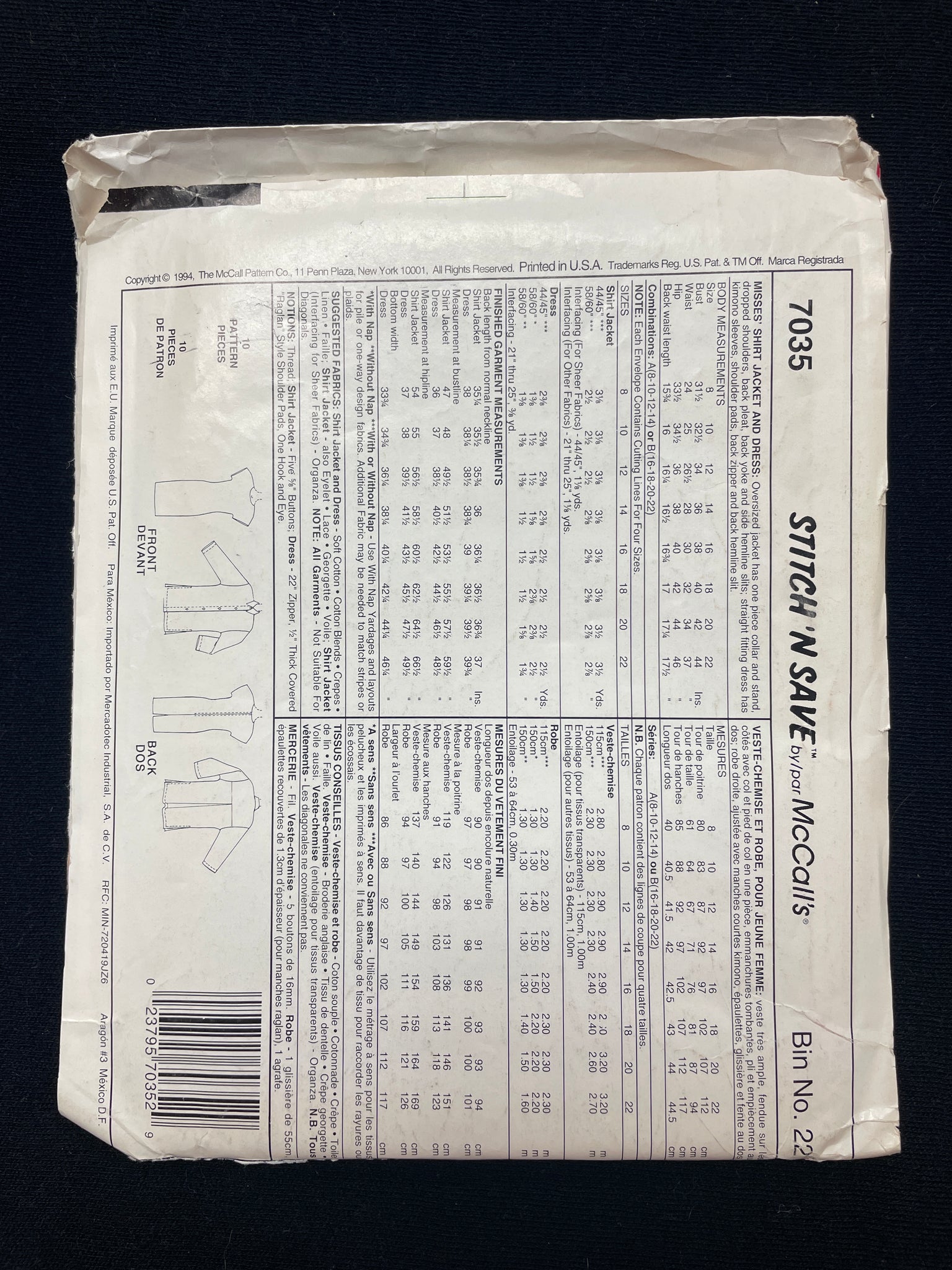 1994 Stitch n Save 7035 Sewing Pattern - Adult Shirtjacket and Dress FACTORY FOLDED