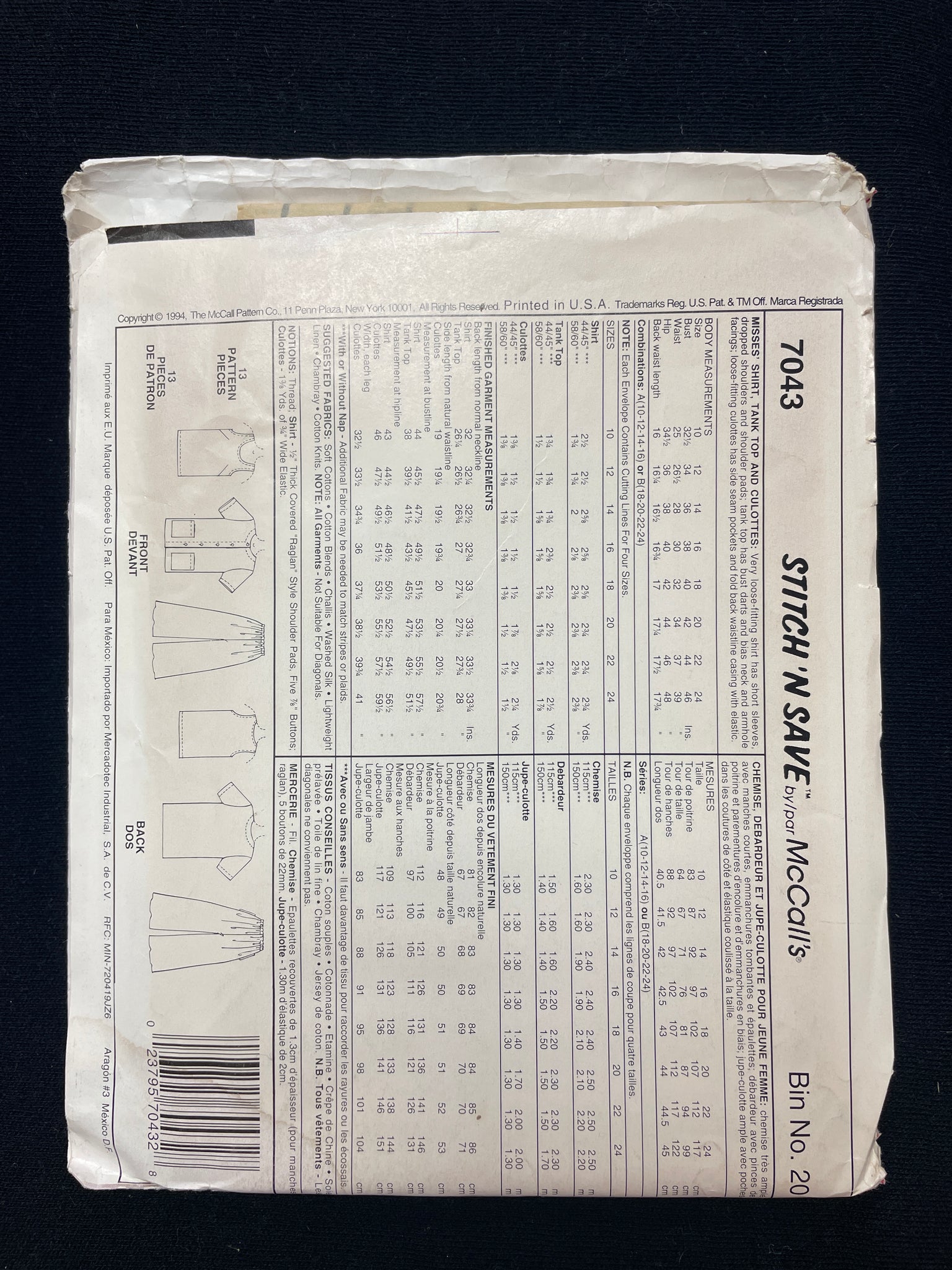 1994 Stitch n Save 7043 Sewing Pattern - Adult Tops and Culottes FACTORY FOLDED