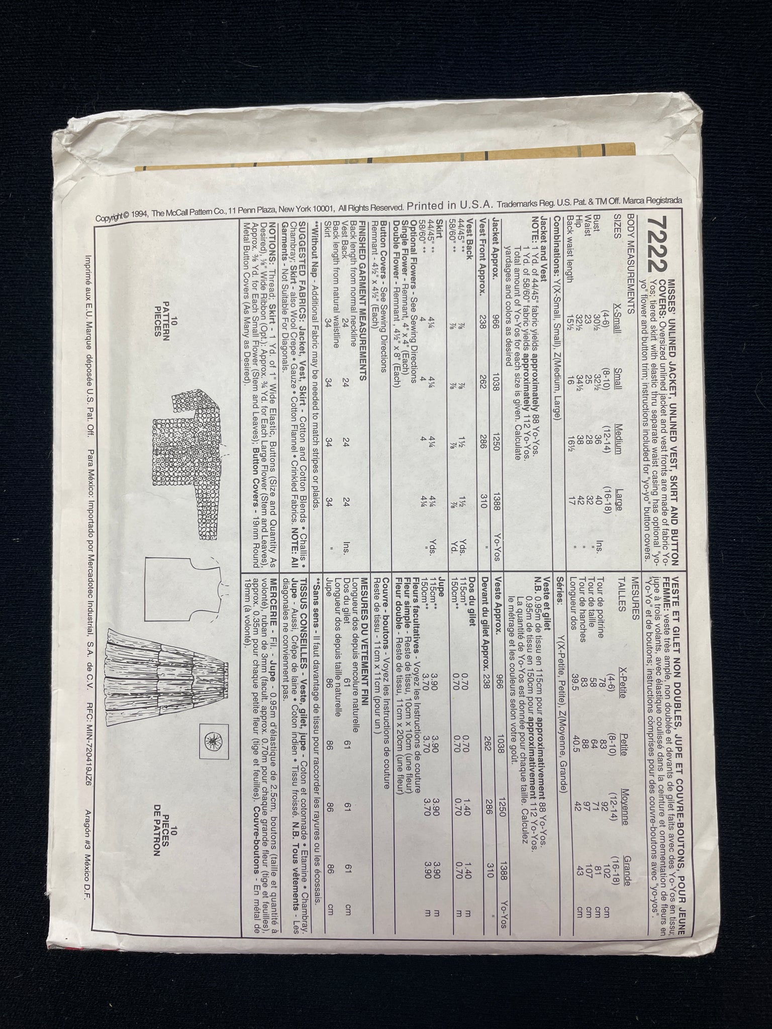 1994 McCall's 7222 Sewing Pattern - Adult Jacket, Vest, Skirt and Button Covers FACTORY FOLDED