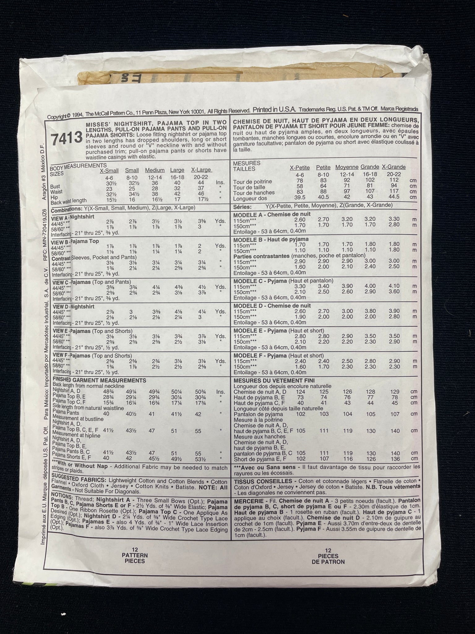 1994 McCall's 7413 Sewing Pattern - Adult Nightgowns and Pajamas FACTORY FOLDED