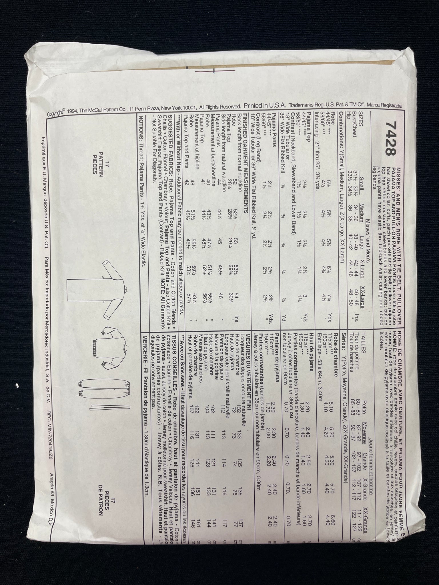 1994 McCall's 7428 Sewing Pattern - Adult Robe and Pajamas FACTORY FOLDED