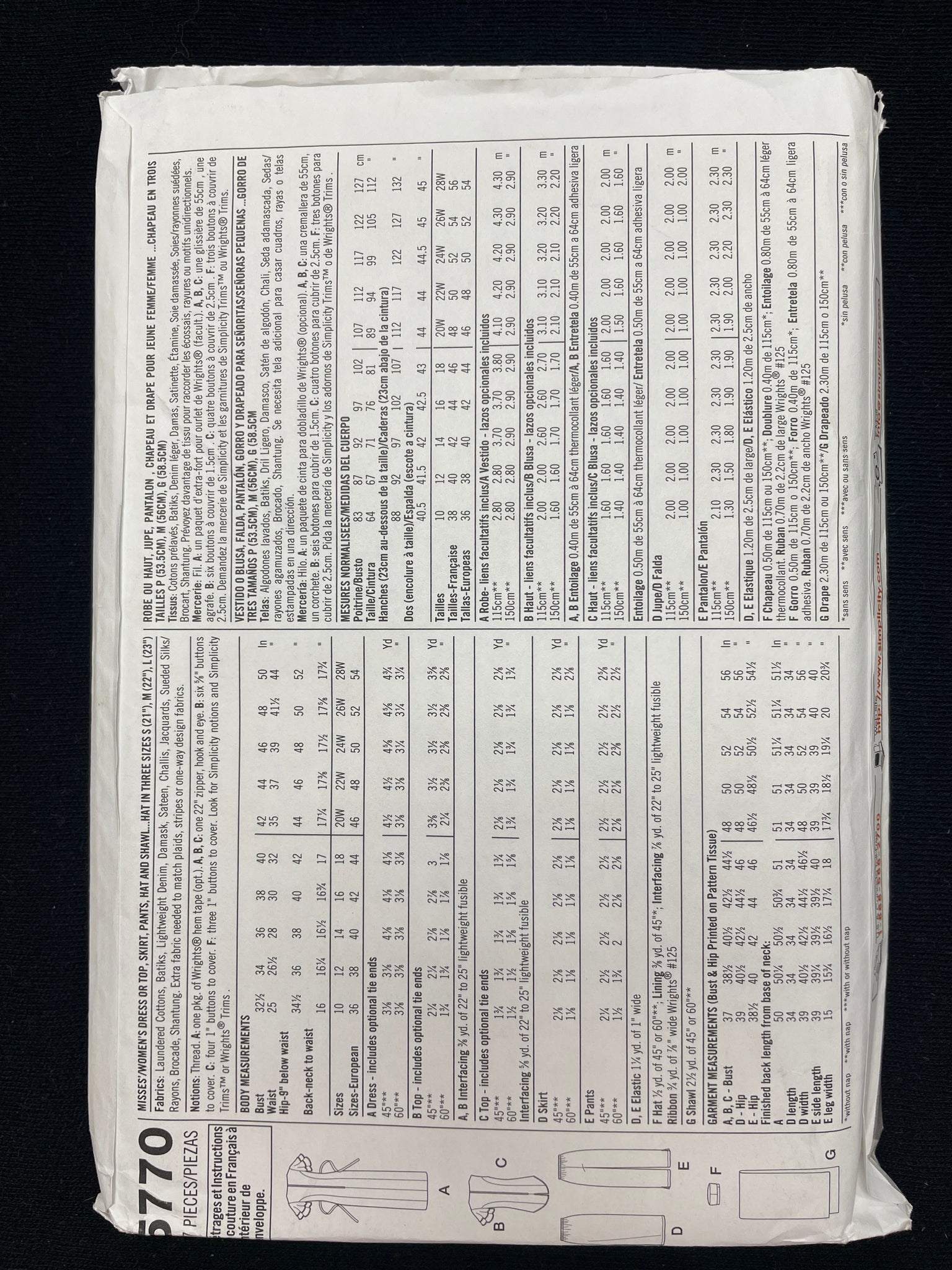 2002 Simplicity 5770 Sewing Pattern - Adult Dress, Top, Skirt, Pants, Hat and Shawl FACTORY FOLDED