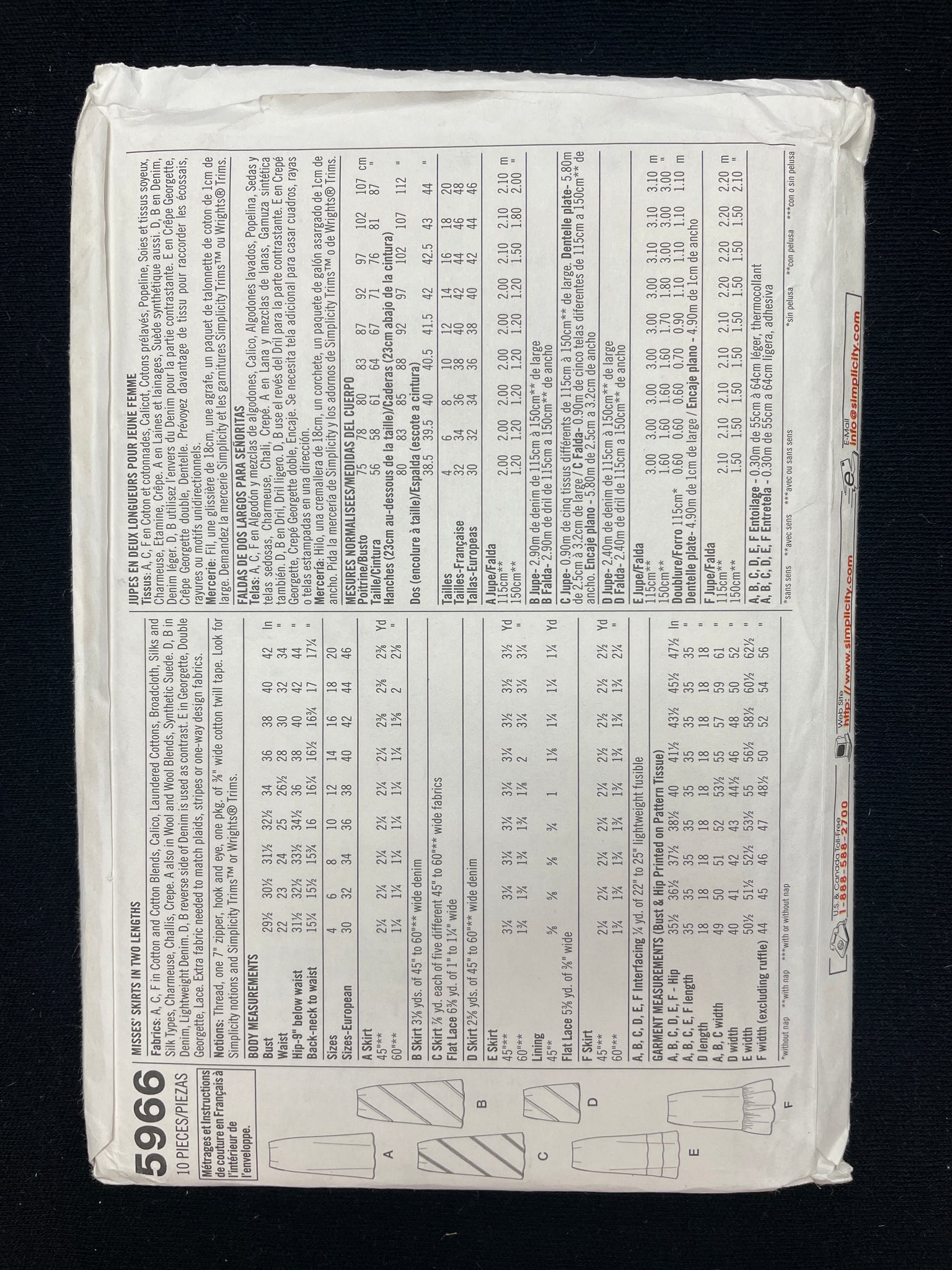 2002 Simplicity 5966 Sewing Pattern - Adult Skirts FACTORY FOLDED