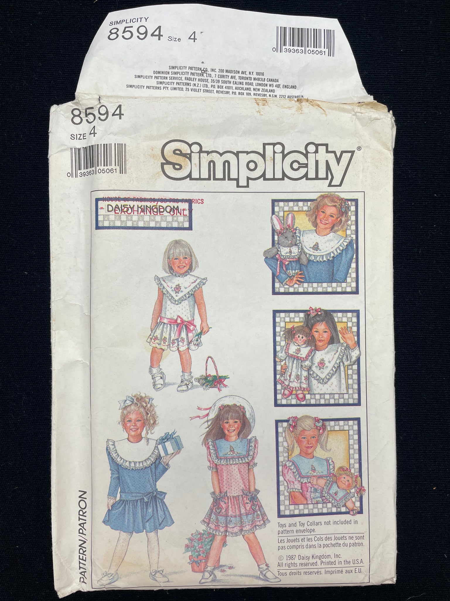 1987 Simplicity 8594 Sewing Pattern - Child's Dresses and Collars FACTORY FOLDED