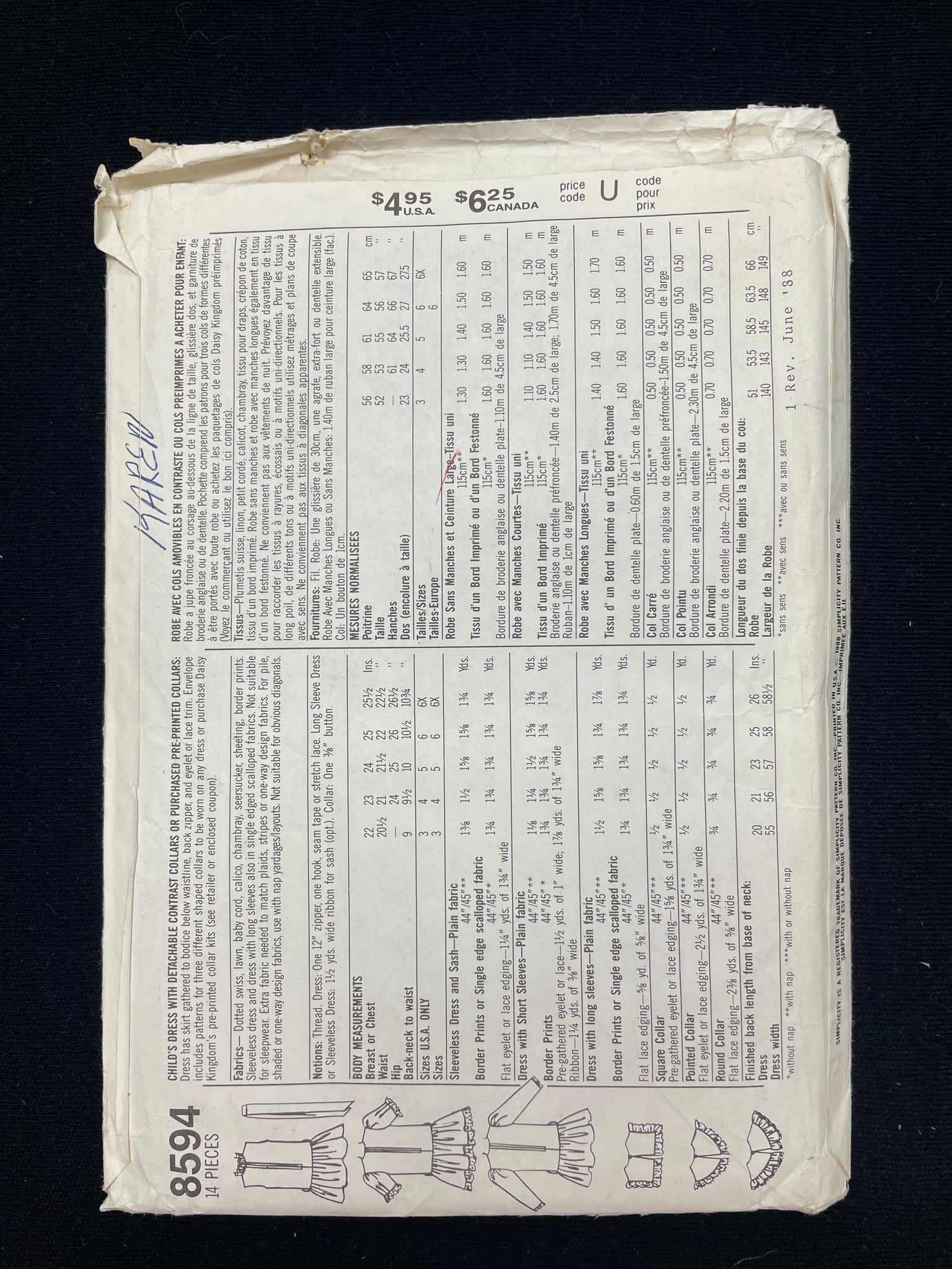 1987 Simplicity 8594 Sewing Pattern - Child's Dresses and Collars FACTORY FOLDED