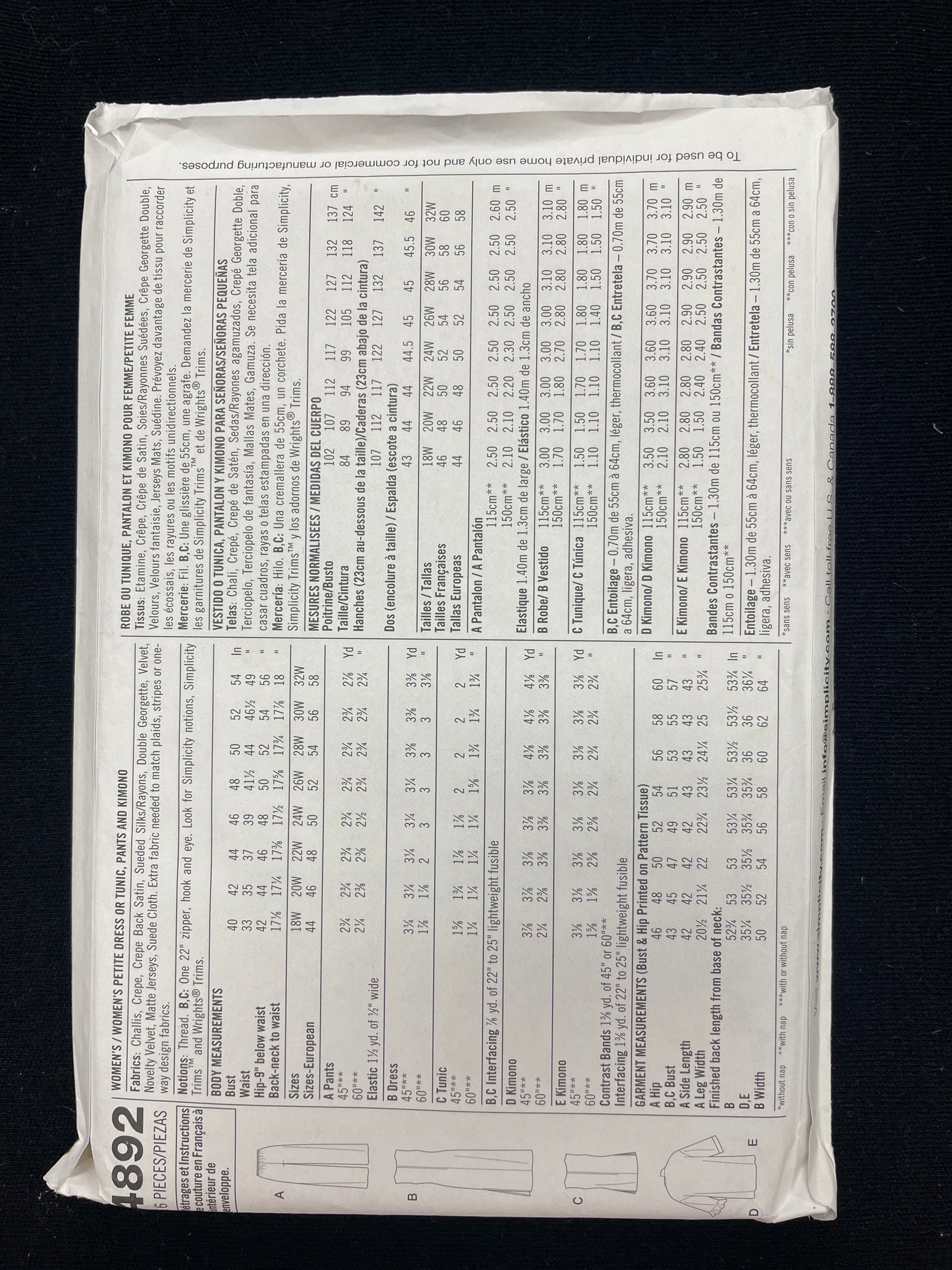 2004 Simplicity 4892 Sewing Pattern - Adult Dress, Tunic, Pants, Kimono  FACTORY FOLDED