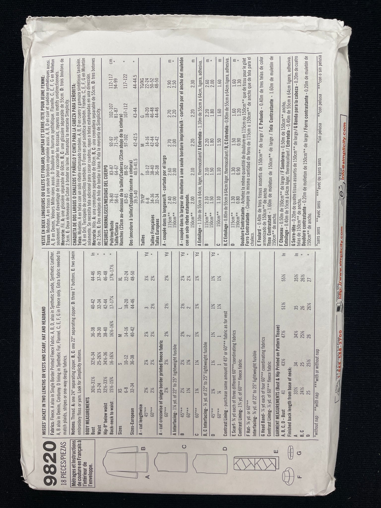 2001 Simplicity 9820 Sewing Pattern - Adult Fleece Vest, Jacket and Hat FACTORY FOLDED