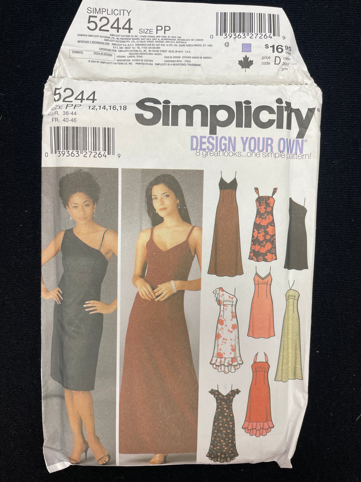 2003 Simplicity 5244 Sewing Pattern - Adult Dresses FACTORY FOLDED